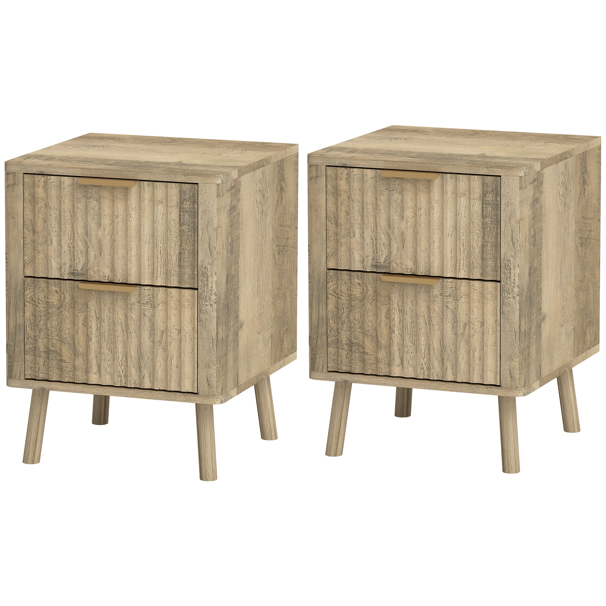Set of 2 Bedside Tables Nightstand with 2 Fluted Drawers and Rounded Edges, for Bedroom, Living Room, 40 x 40 x 53 cm, Oak