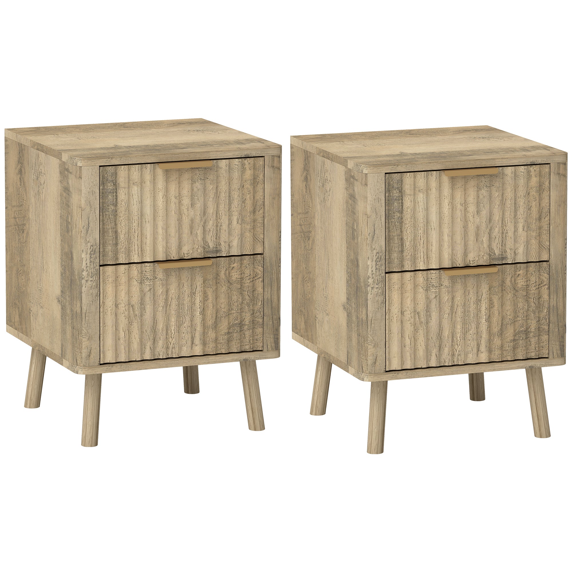Set of 2 Bedside Tables Nightstand with 2 Fluted Drawers and Rounded Edges, for Bedroom, Living Room, 40 x 40 x 53 cm, Oak