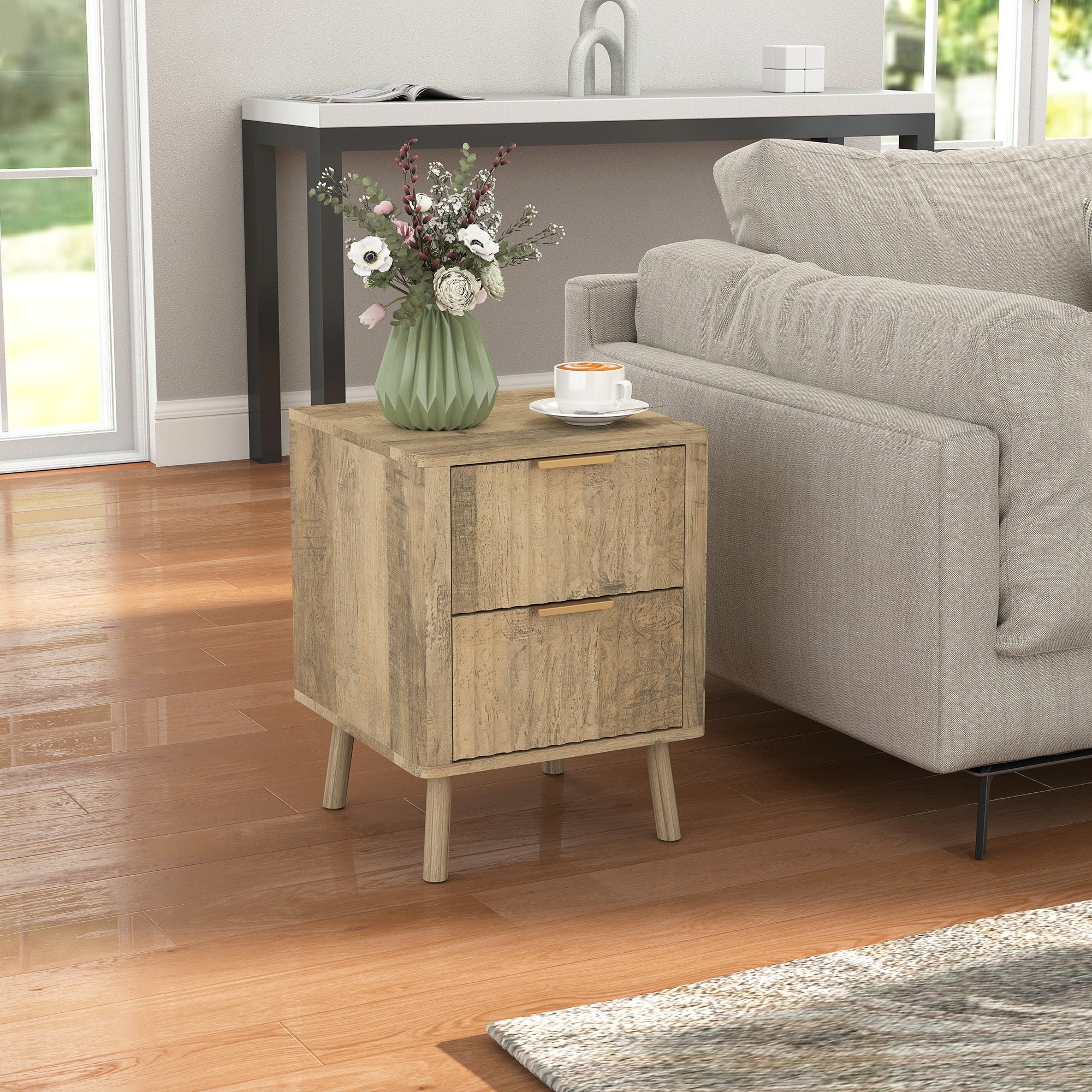 Set of 2 Bedside Tables Nightstand with 2 Fluted Drawers and Rounded Edges, for Bedroom, Living Room, 40 x 40 x 53 cm, Oak