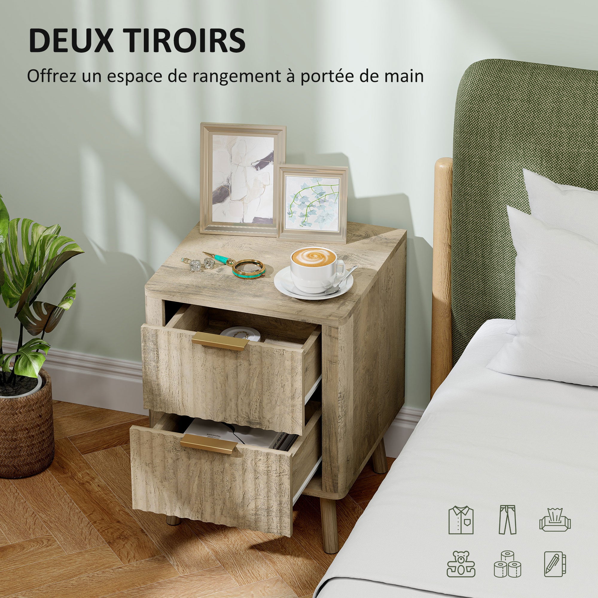 Set of 2 Bedside Tables Nightstand with 2 Fluted Drawers and Rounded Edges, for Bedroom, Living Room, 40 x 40 x 53 cm, Oak