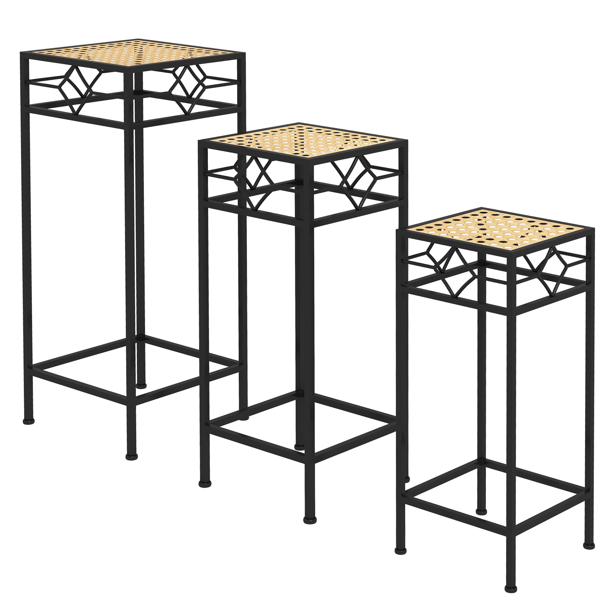 3-Piece Plant Stand Stackable Flower Stool Flower Pot Holder with Rattan Look Plant Stool for Garden Balcony Metal Gold