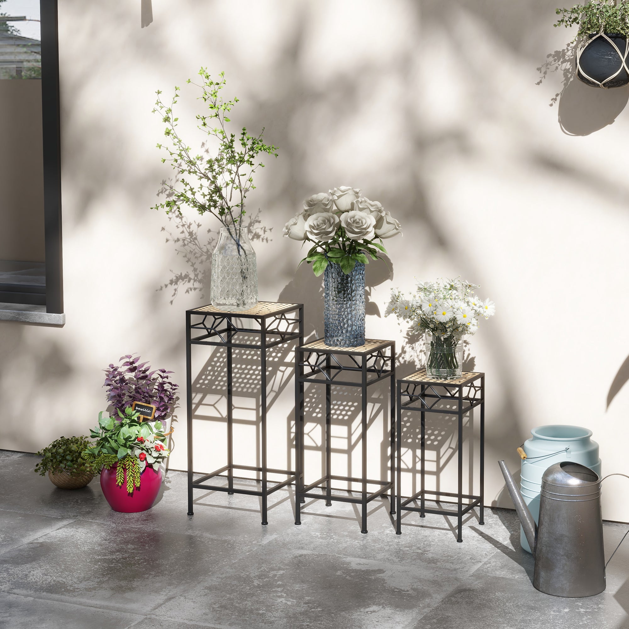 3-Piece Plant Stand Stackable Flower Stool Flower Pot Holder with Rattan Look Plant Stool for Garden Balcony Metal Gold
