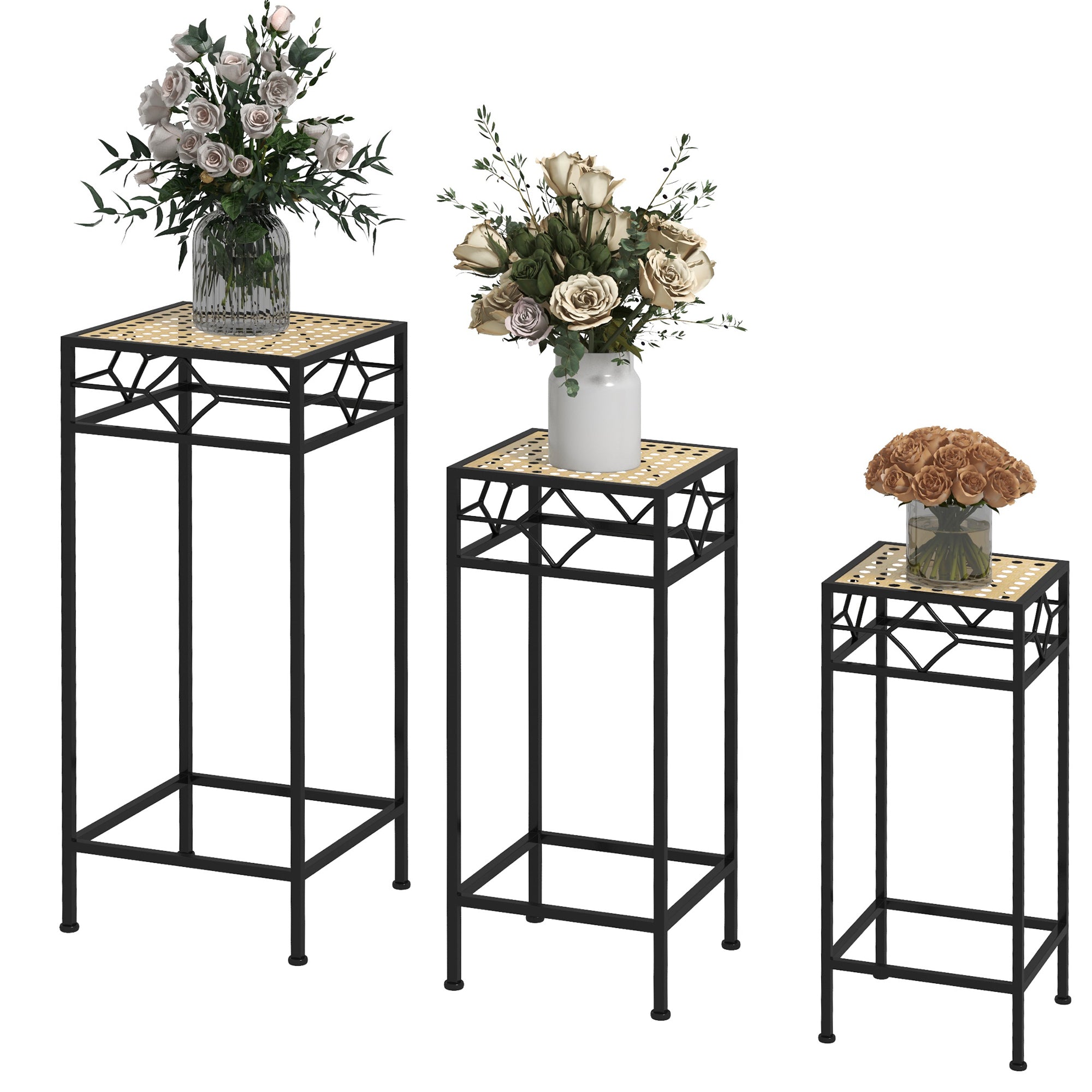 3-Piece Plant Stand Stackable Flower Stool Flower Pot Holder with Rattan Look Plant Stool for Garden Balcony Metal Gold