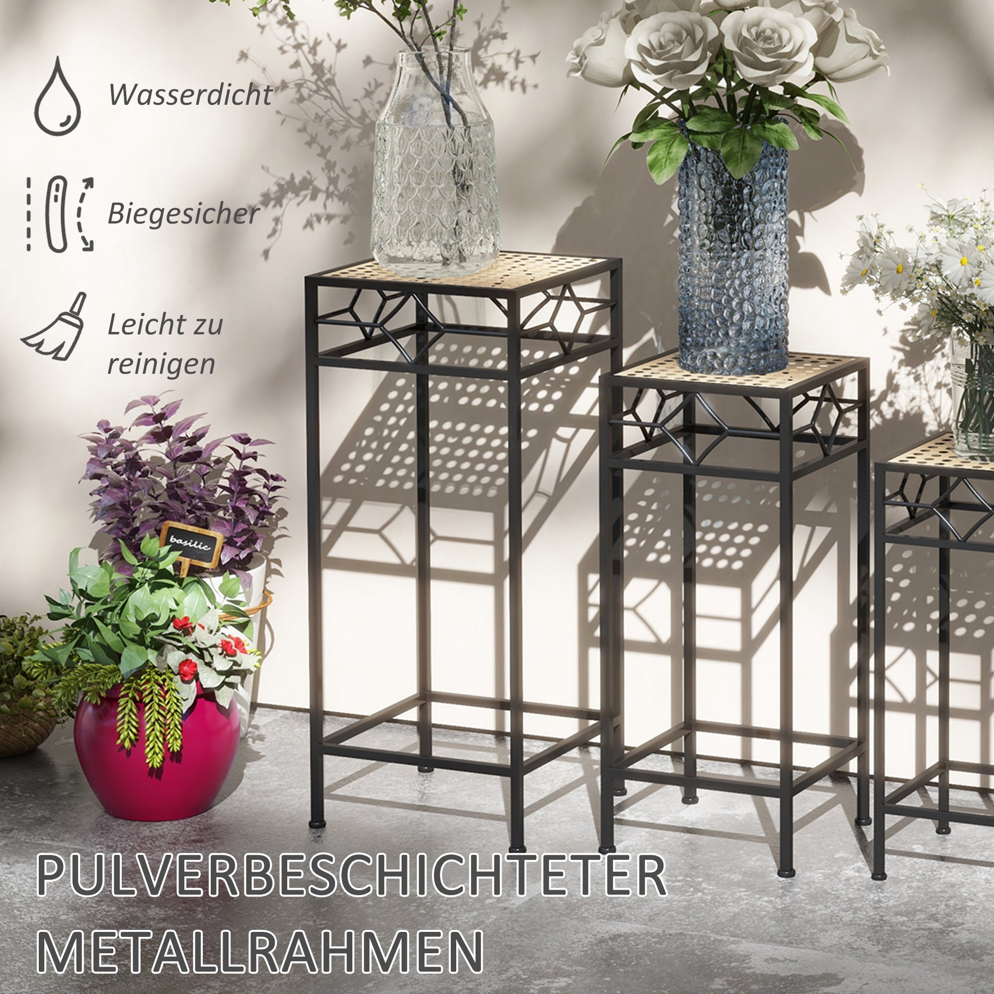 3-Piece Plant Stand Stackable Flower Stool Flower Pot Holder with Rattan Look Plant Stool for Garden Balcony Metal Gold