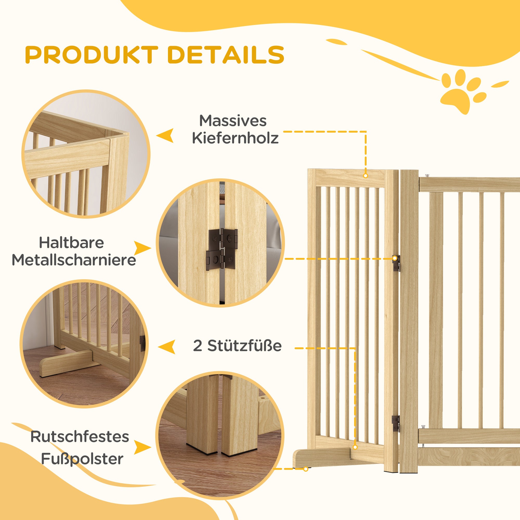 Barrier Gate Dog Freestanding Safety Gate with Feet 220 x 91 cm Wood Dog Gate Stair Safety Gate Door Safety Gate Stair Gate for stairs, doors, kitchen, hallway, 4 Panels, Natural Wood