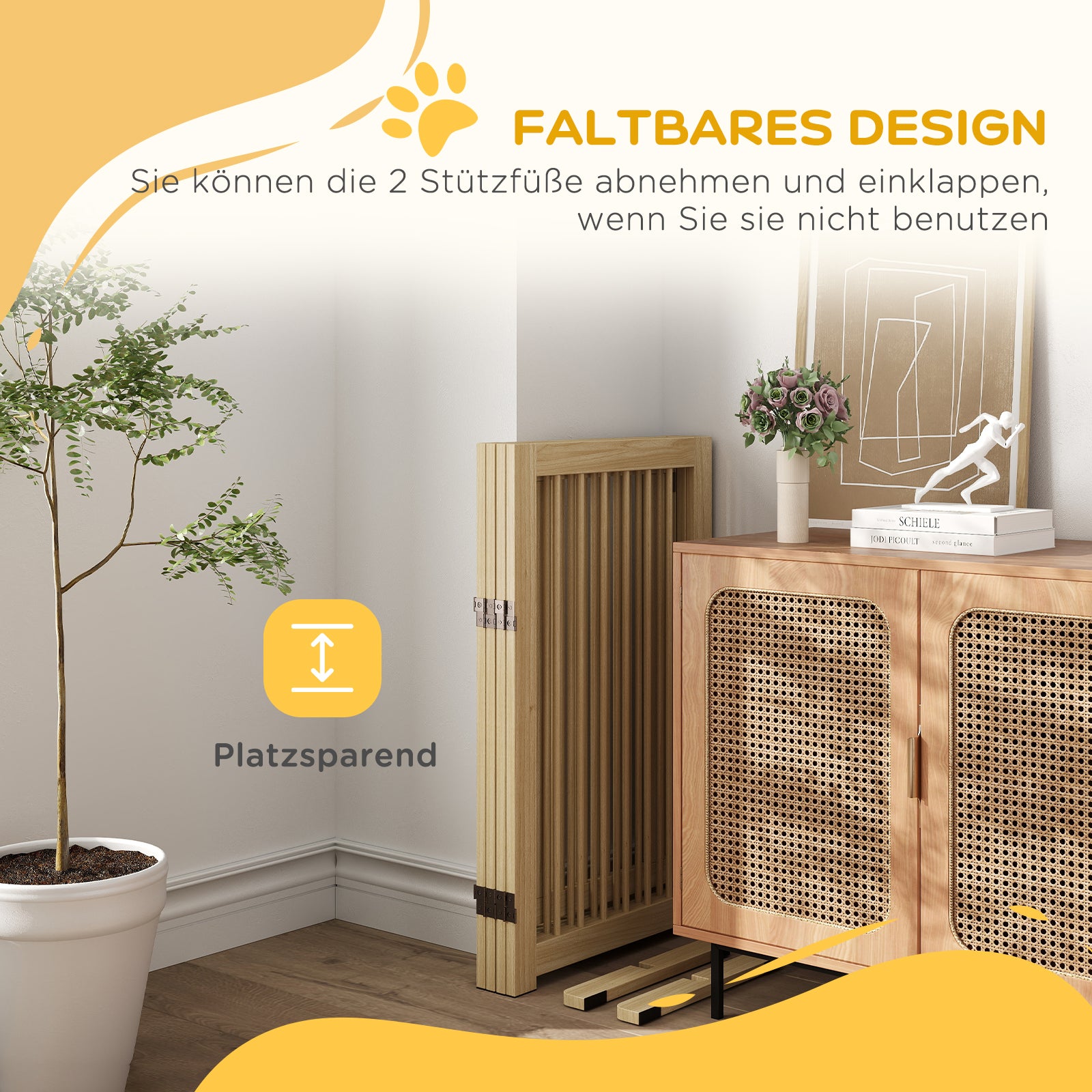 Barrier Gate Dog Freestanding Safety Gate with Feet 220 x 91 cm Wood Dog Gate Stair Safety Gate Door Safety Gate Stair Gate for stairs, doors, kitchen, hallway, 4 Panels, Natural Wood