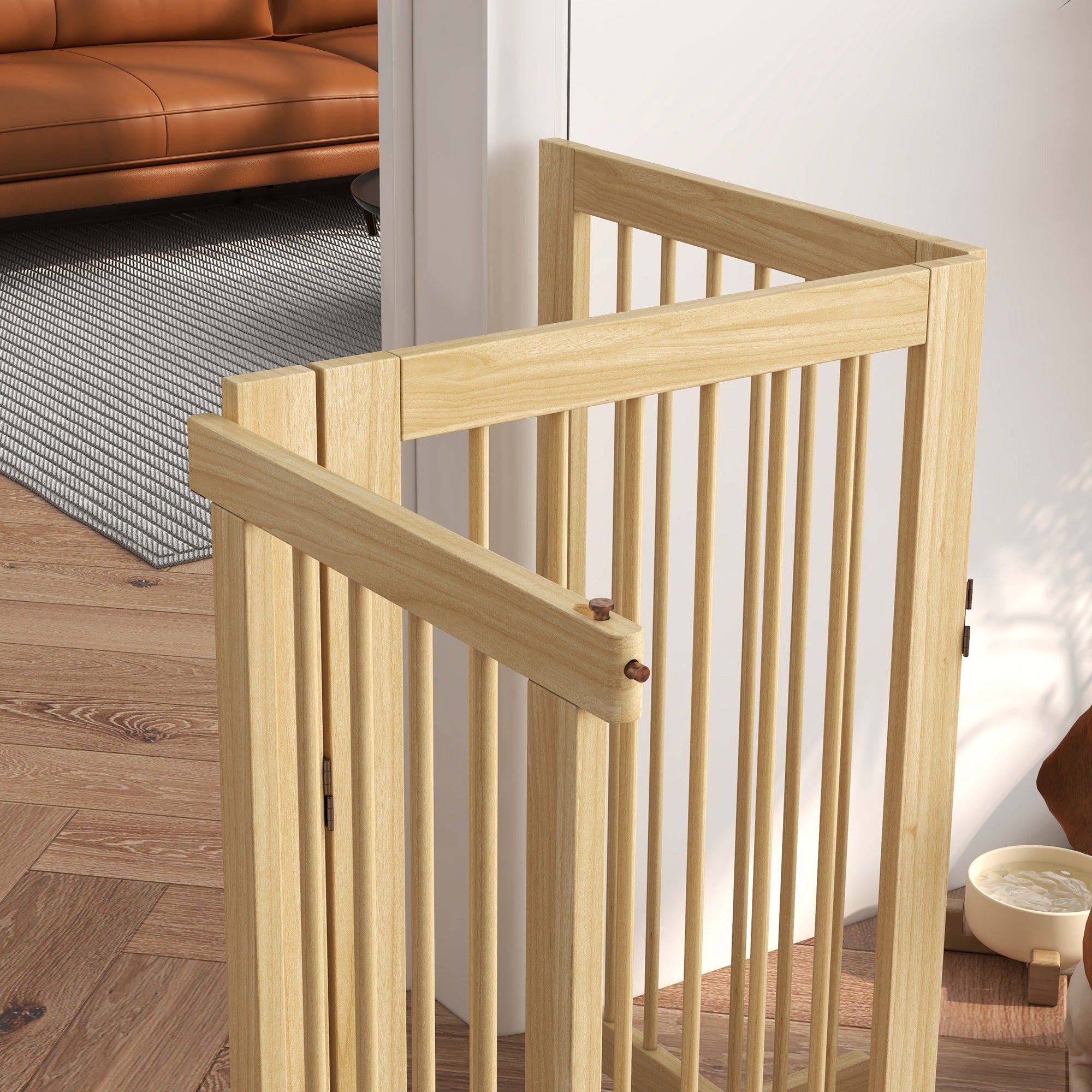 Barrier Gate Dog Freestanding Safety Gate with Feet 220 x 91 cm Wood Dog Gate Stair Safety Gate Door Safety Gate Stair Gate for stairs, doors, kitchen, hallway, 4 Panels, Natural Wood