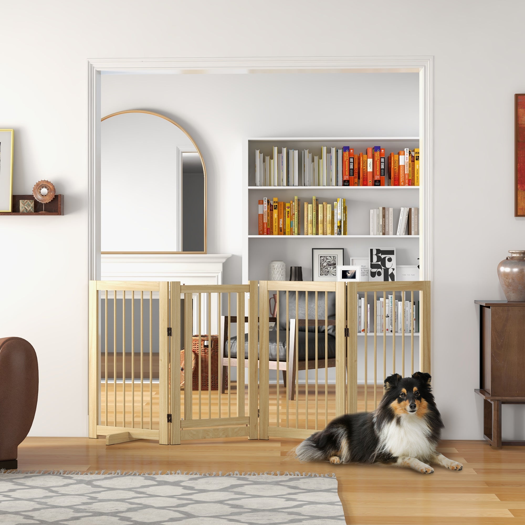 Barrier Gate Dog Freestanding Safety Gate with Feet 220 x 91 cm Wood Dog Gate Stair Safety Gate Door Safety Gate Stair Gate for stairs, doors, kitchen, hallway, 4 Panels, Natural Wood