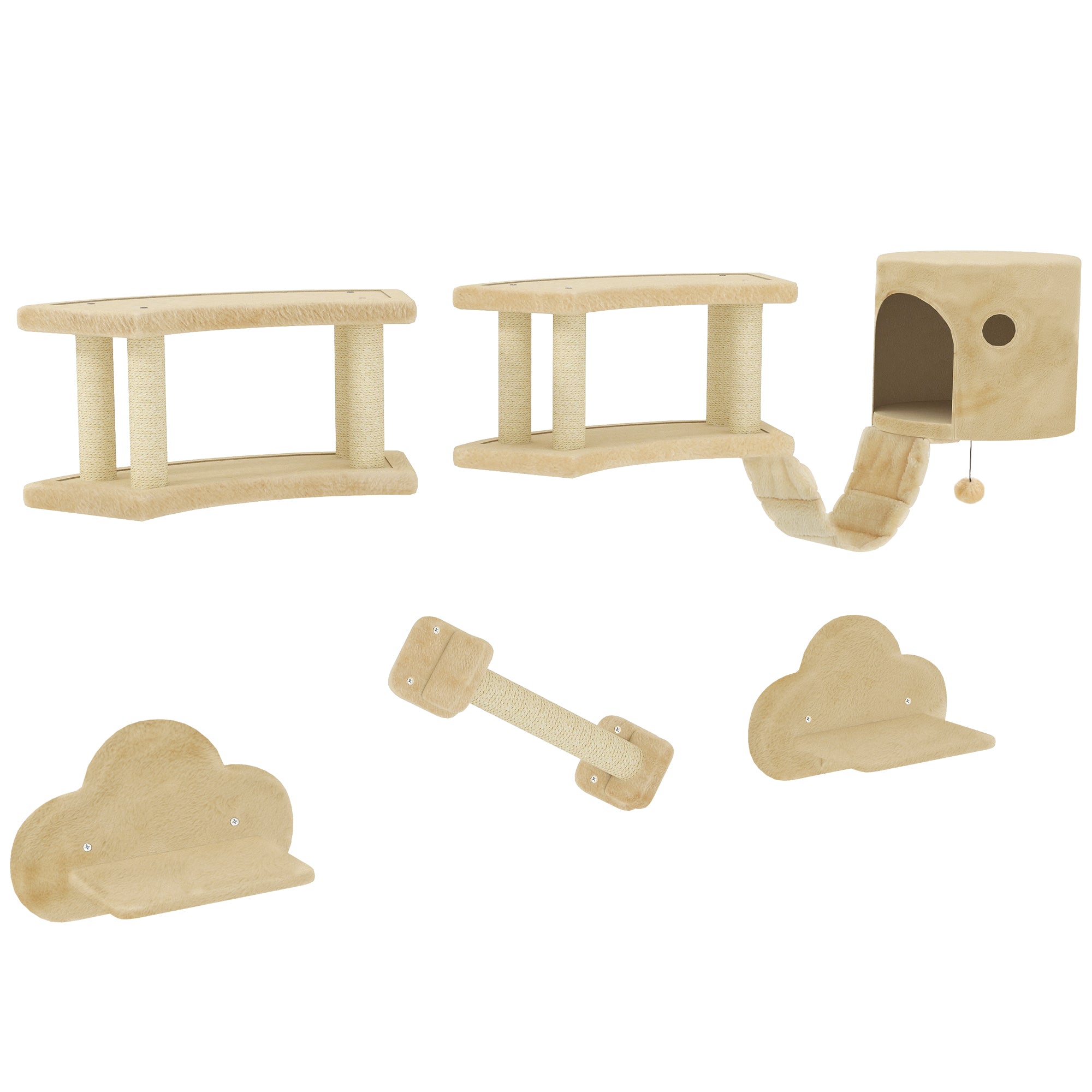 Cat Climbing Wall Set, 5-piece Cat Furniture with Scratching Post, Jumping Platforms, Ladder, House, Cat Wall Structure, for Cats up to 5 kg, Plush, Beige