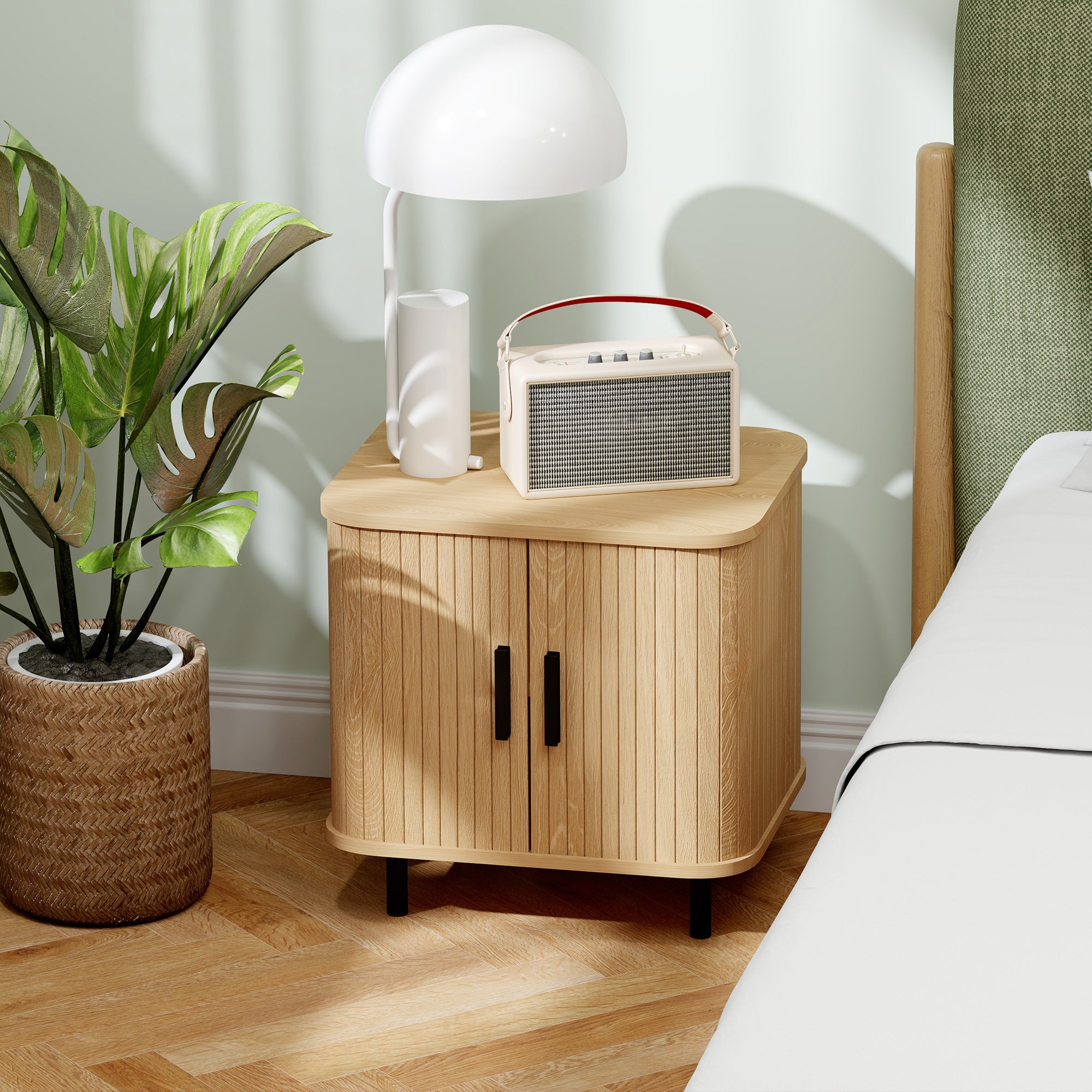 Modern Nightstand with Slatted Sliding Doors, Steel Legs — Oak