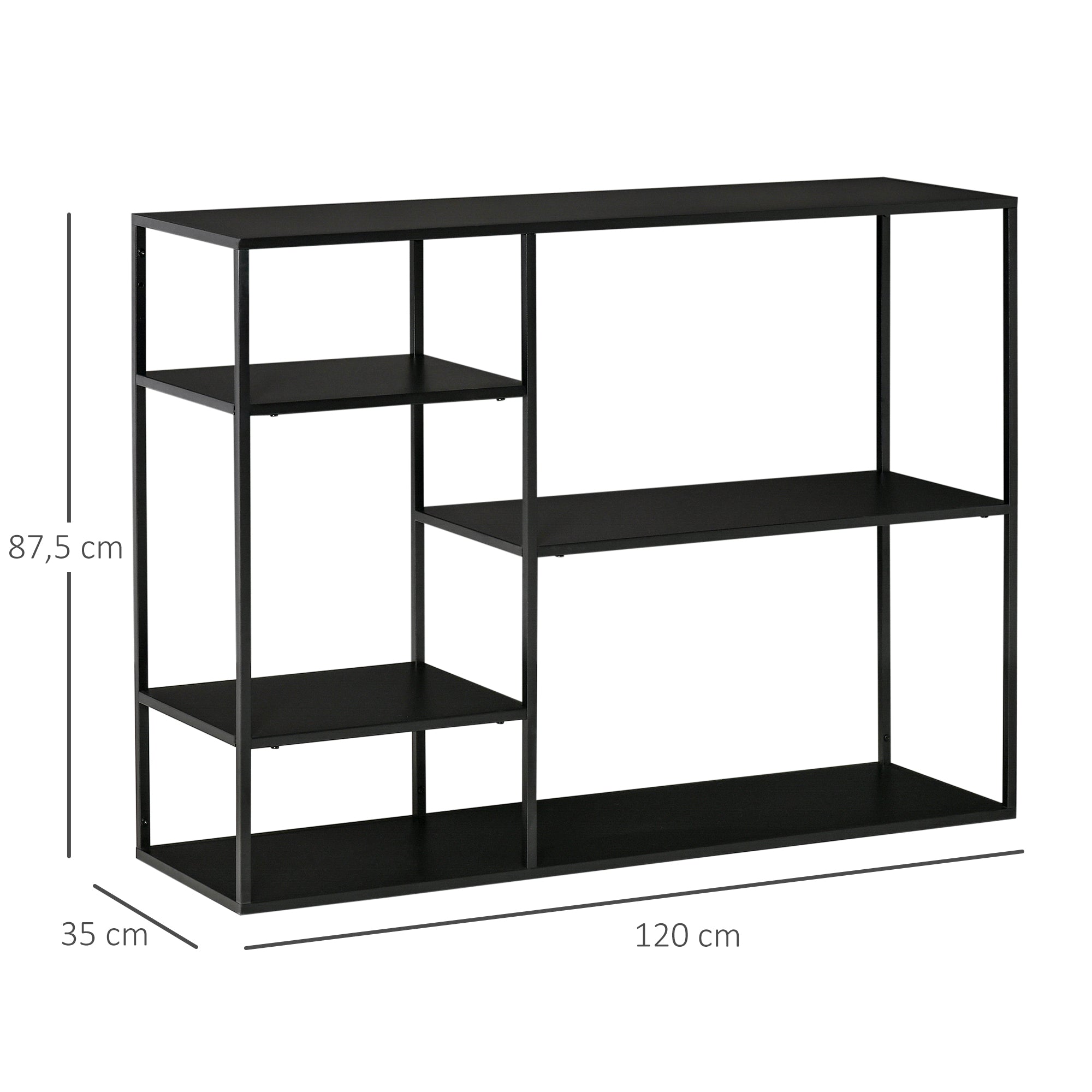 Bookshelf with 5 Open Compartments, Storage Shelf with Metal Frame, Cube Shelf for Kitchen, Living Room, Black, 120 x 35 x 87.5 cm