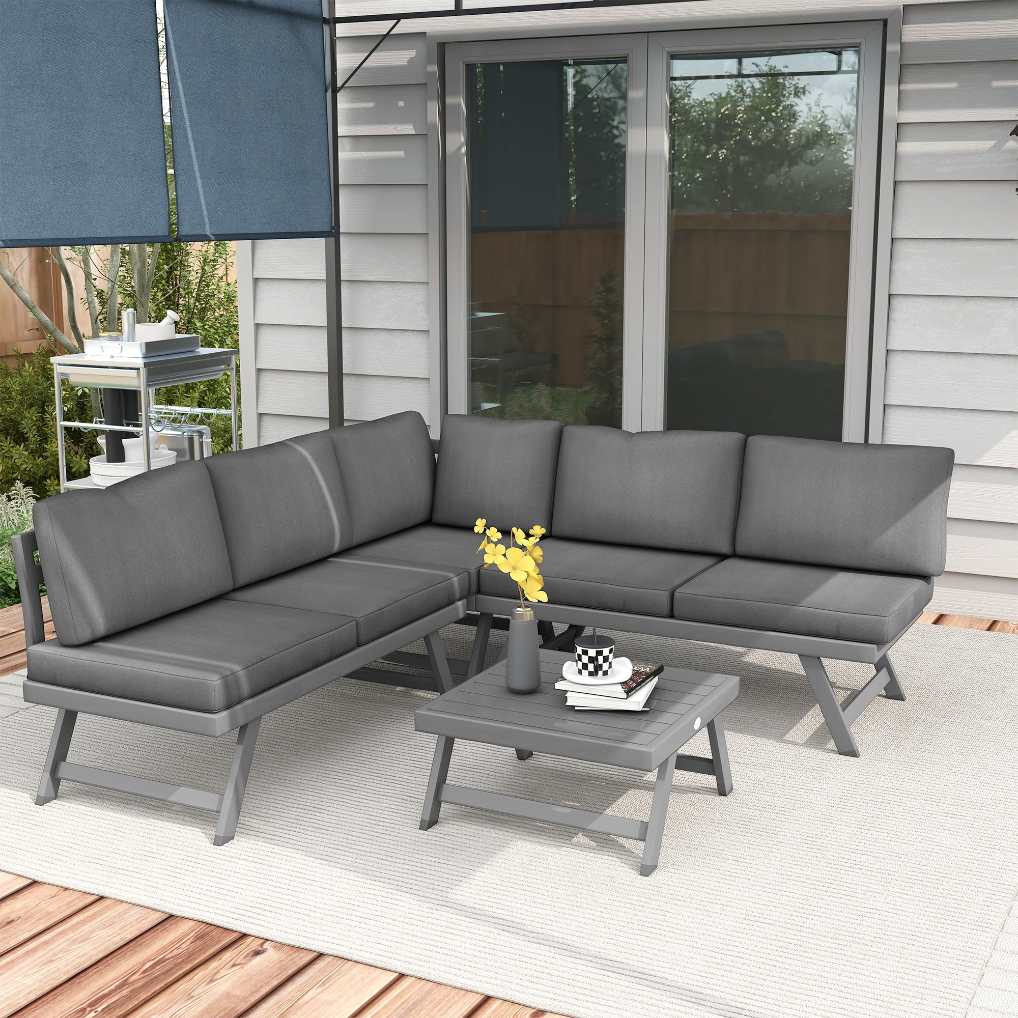 Outdoor Corner Garden Set, Convertible 4 Pieces with 2 Benches, 1 Corner Armchair, 1 Coffee Table, Aluminum and Steel Garden Furniture for Balcony Terrace, Gray