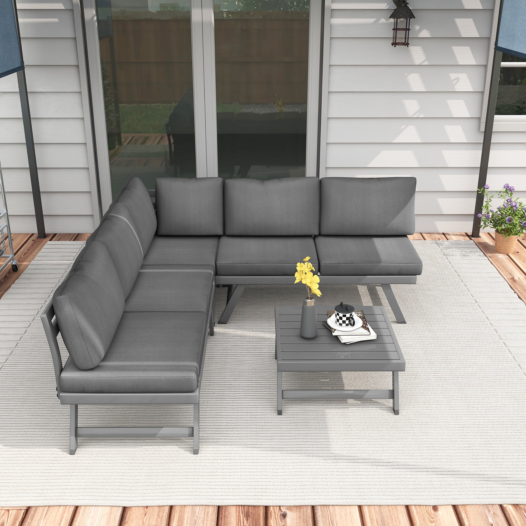 Outdoor Corner Garden Set, Convertible 4 Pieces with 2 Benches, 1 Corner Armchair, 1 Coffee Table, Aluminum and Steel Garden Furniture for Balcony Terrace, Gray