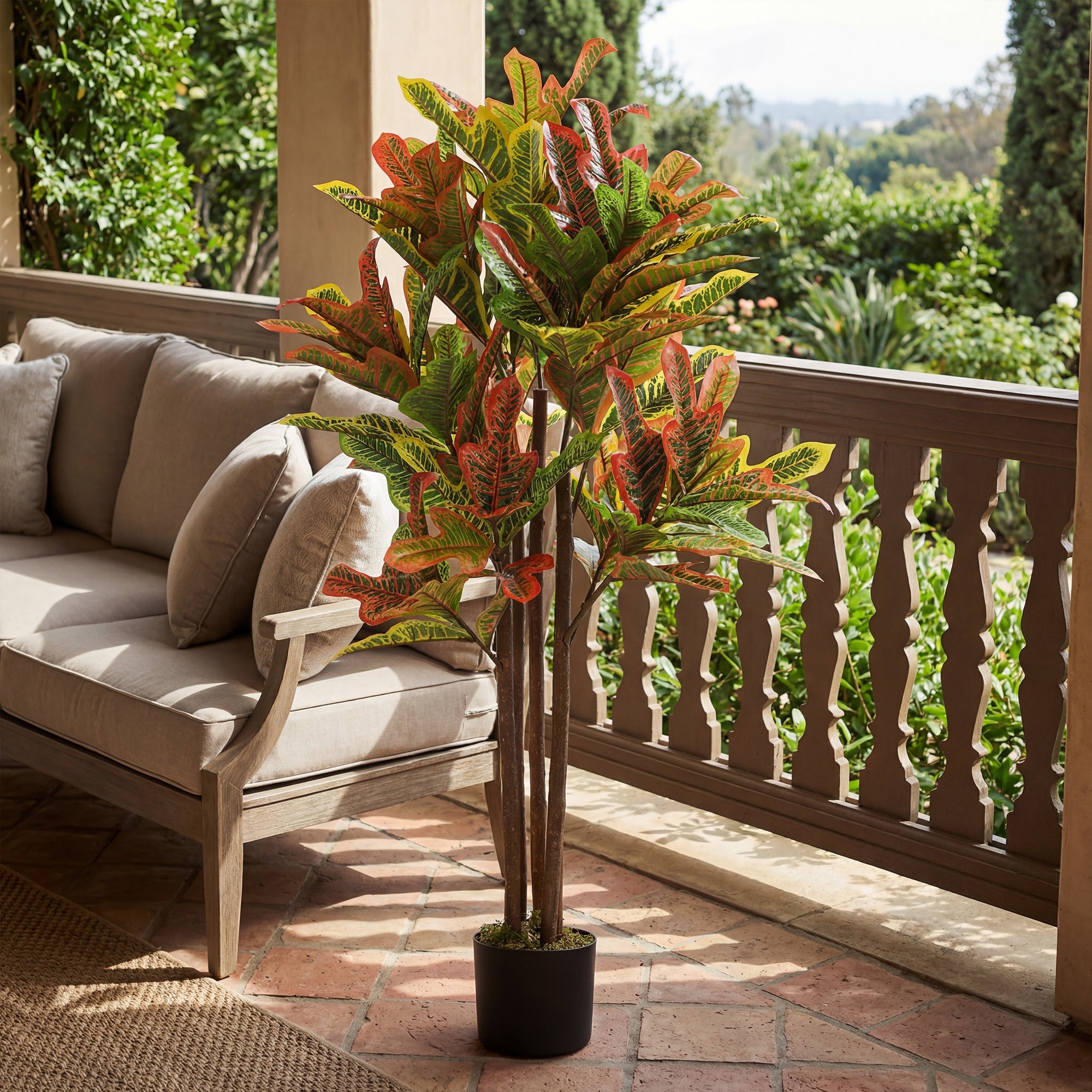 47.2 in (120 cm) Artificial Croton Plant with Real Wood Trunk and Pot — Multicolor Indoor Decorative Plant for Home, Office, Living Room