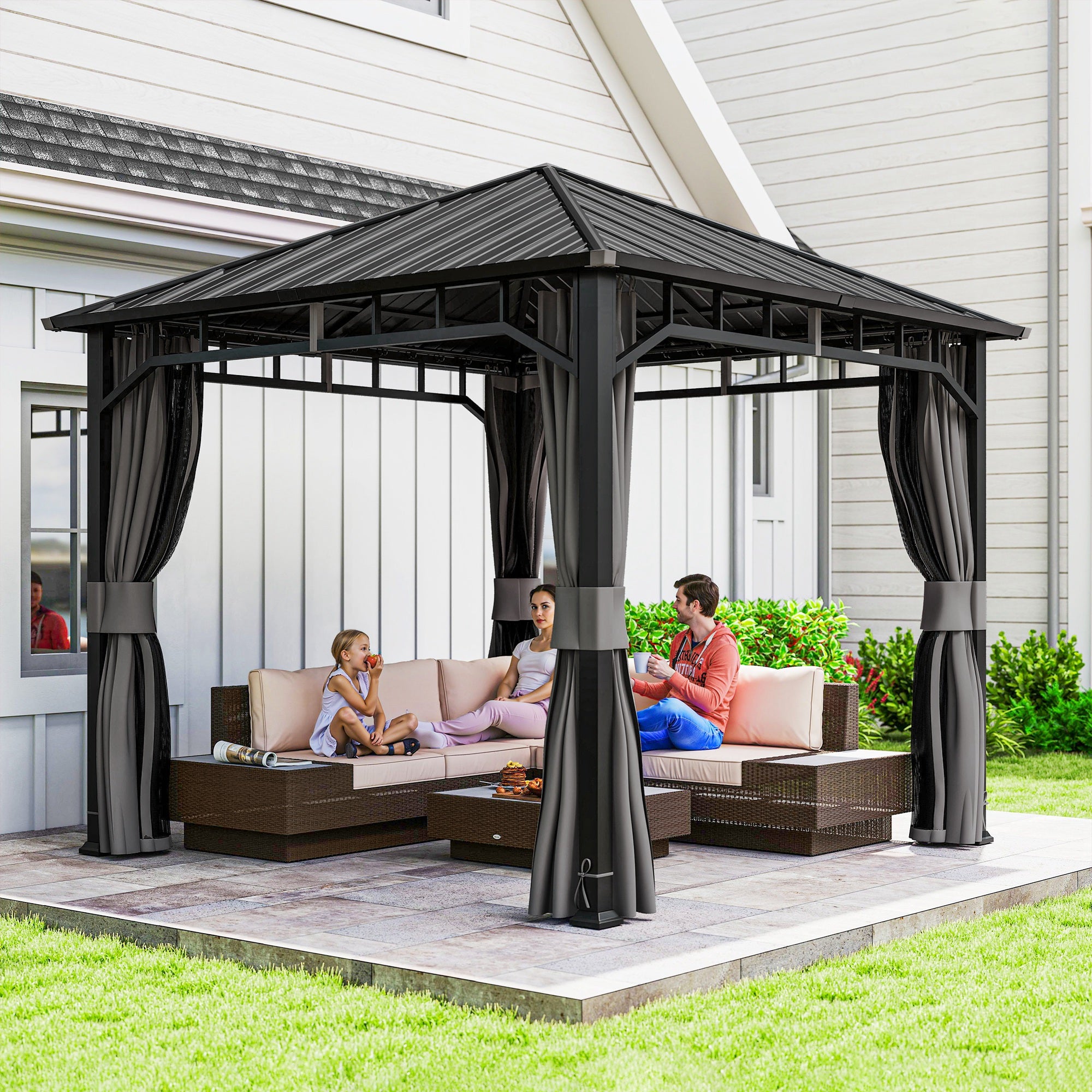 3 x 3 m Waterproof Garden Gazebo — Galvanized Metal Hardtop, Curtains & Mosquito Net, Ceiling Hook, Dark Gray
