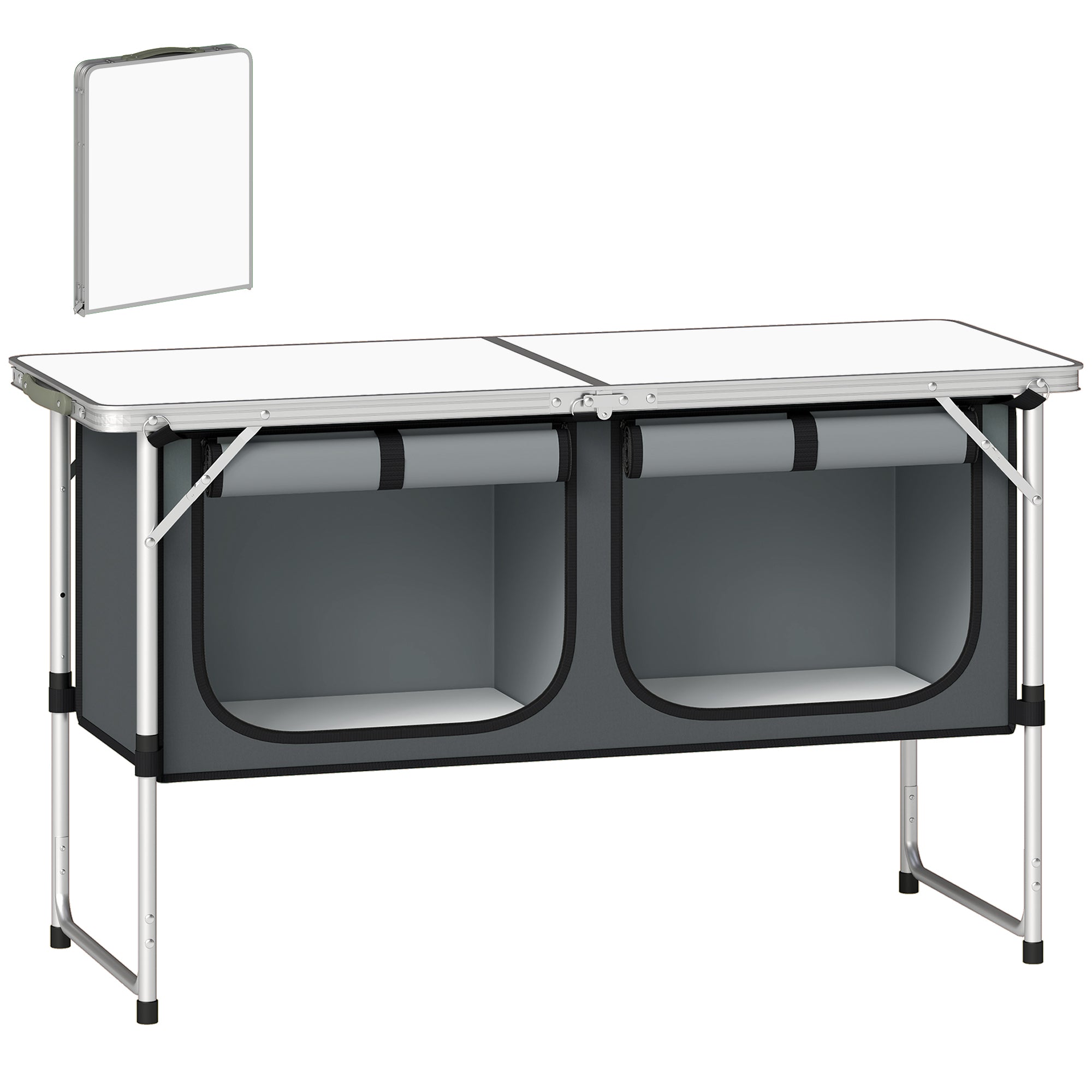 Folding Camping Kitchen Table with Portable Oxford Fabric Cabinet, Aluminum Frame, for Picnic, BBQ & Outdoor Activities, 47.2 x 18.5 x 27.6 in, Silver