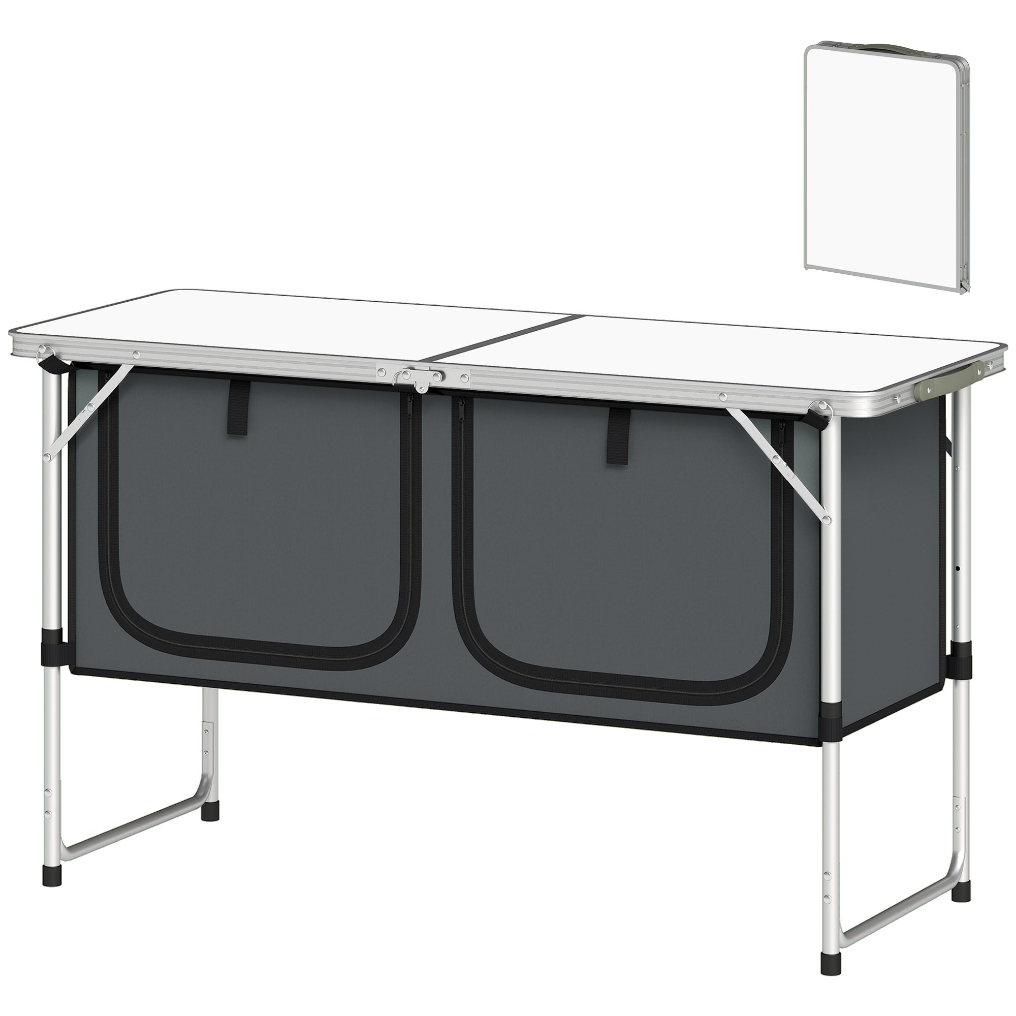 Folding Camping Kitchen Table with Portable Oxford Fabric Cabinet, Aluminum Frame, for Picnic, BBQ & Outdoor Activities, 47.2 x 18.5 x 27.6 in, Silver