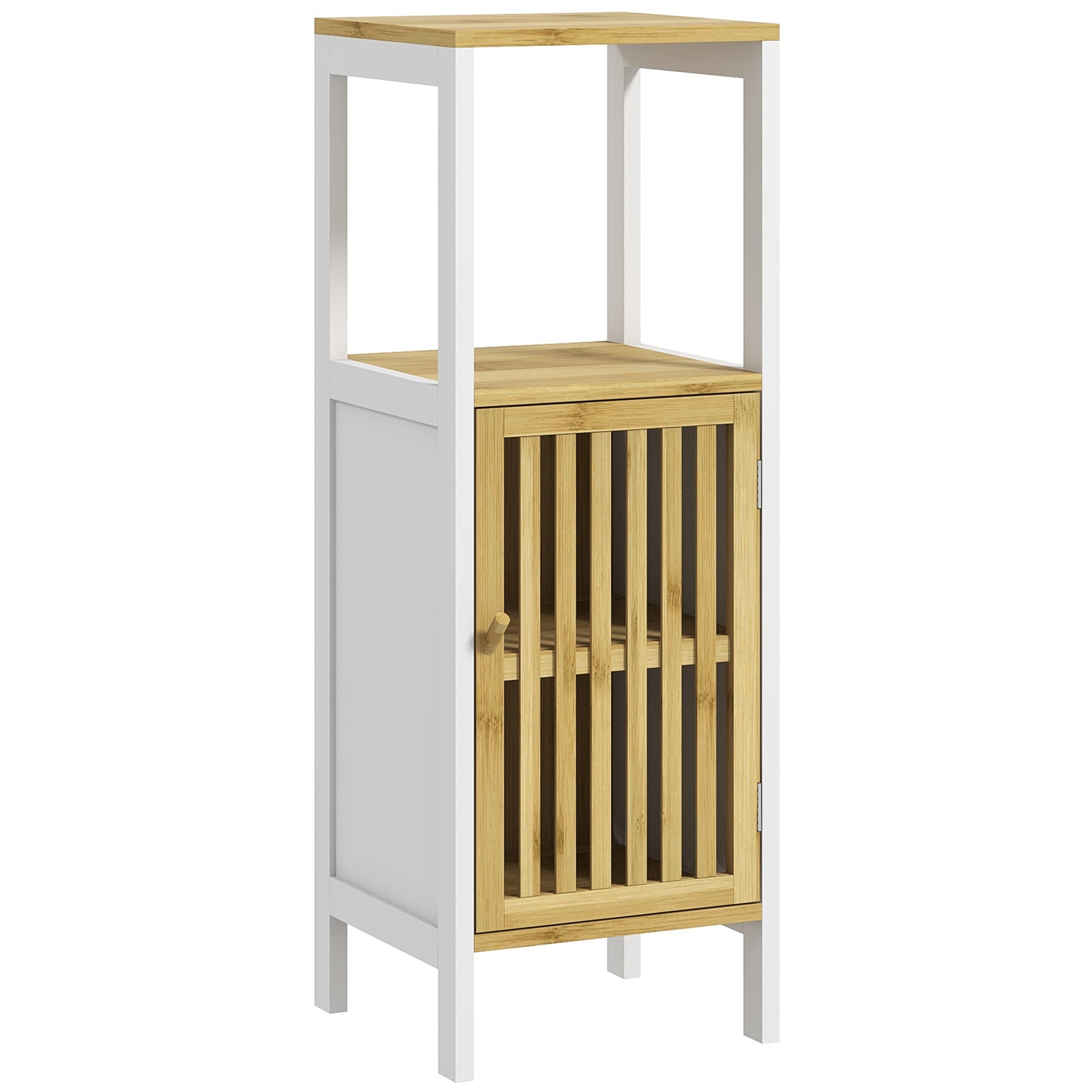 Tall Bathroom Cabinet Bathroom Column Auxiliary Bathroom Furniture with 1 Open Shelf, 1 Door, and 1 Adjustable Shelf 32x30x90.5 cm Natural and White