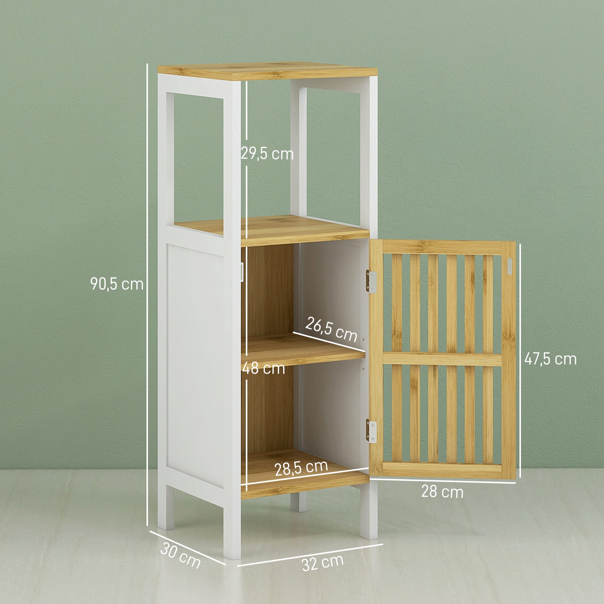 Tall Bathroom Cabinet Bathroom Column Auxiliary Bathroom Furniture with 1 Open Shelf, 1 Door, and 1 Adjustable Shelf 32x30x90.5 cm Natural and White