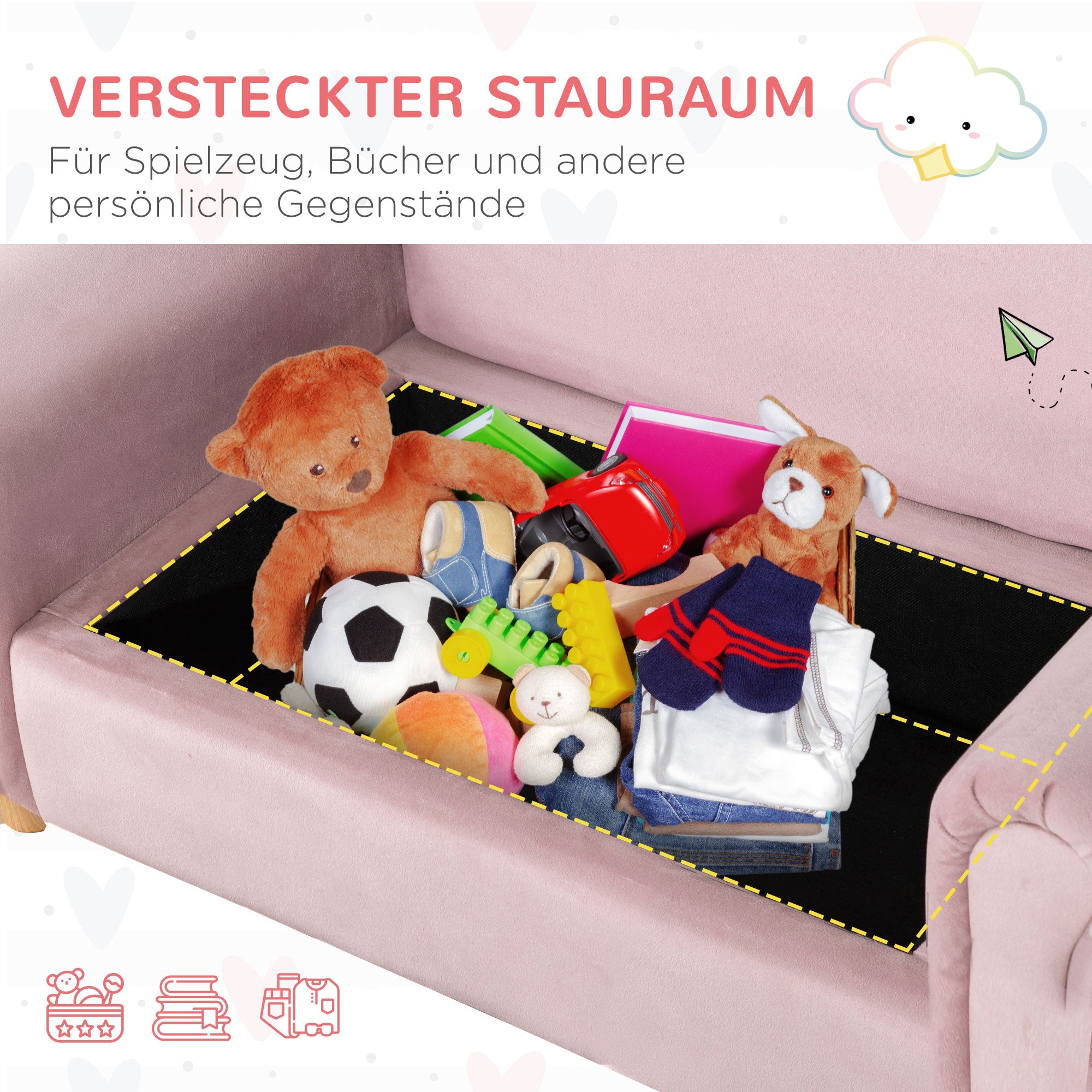 Children's Sofa Children's Couch with Storage Space, Play Sofa for Children, Two-Seater for Children 3-5 Years, 2-Seater Children's Furniture made of Dutch Fleece, Pink, 84 x 41.5 x 48.5 cm