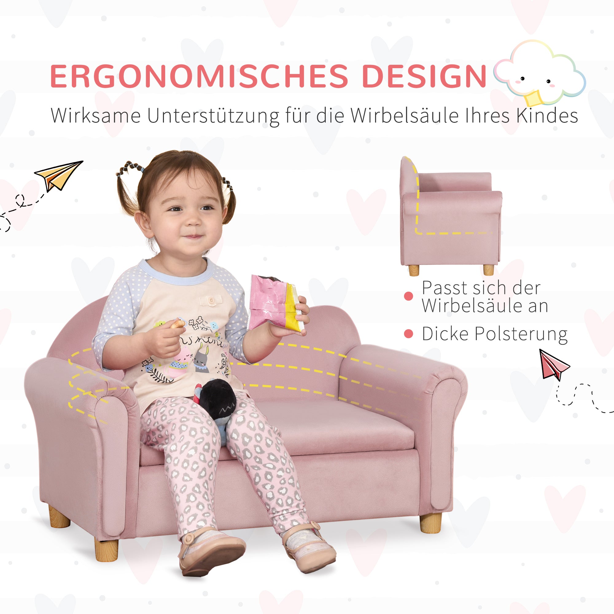 Children's Sofa Children's Couch with Storage Space, Play Sofa for Children, Two-Seater for Children 3-5 Years, 2-Seater Children's Furniture made of Dutch Fleece, Pink, 84 x 41.5 x 48.5 cm