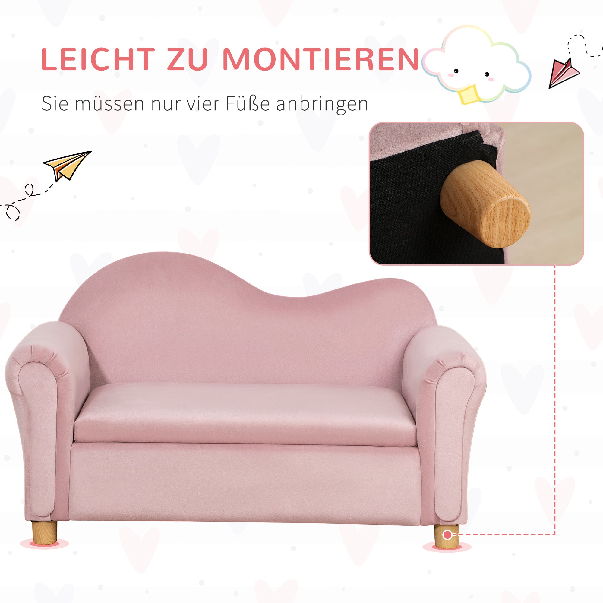 Children's Sofa Children's Couch with Storage Space, Play Sofa for Children, Two-Seater for Children 3-5 Years, 2-Seater Children's Furniture made of Dutch Fleece, Pink, 84 x 41.5 x 48.5 cm