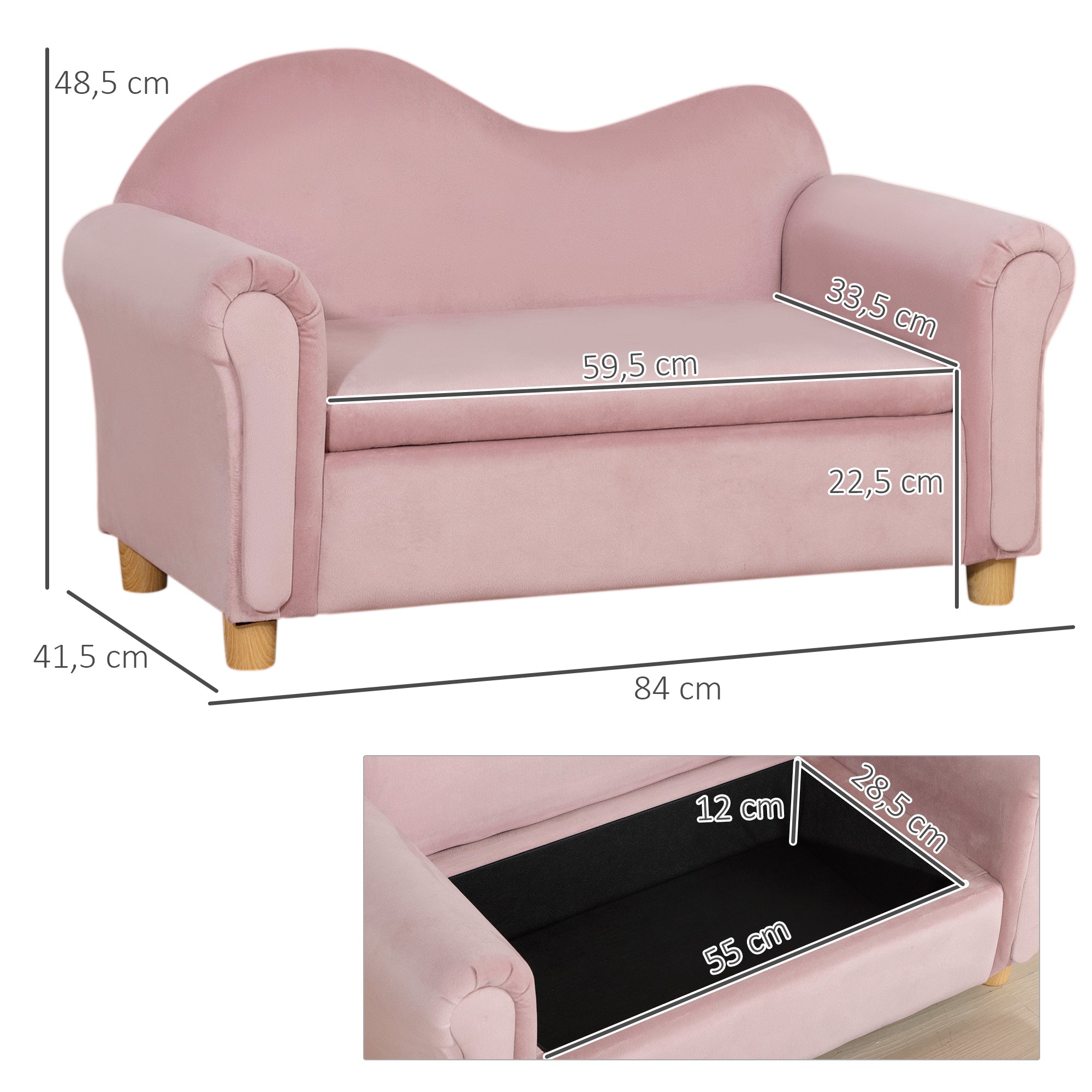 Children's Sofa Children's Couch with Storage Space, Play Sofa for Children, Two-Seater for Children 3-5 Years, 2-Seater Children's Furniture made of Dutch Fleece, Pink, 84 x 41.5 x 48.5 cm
