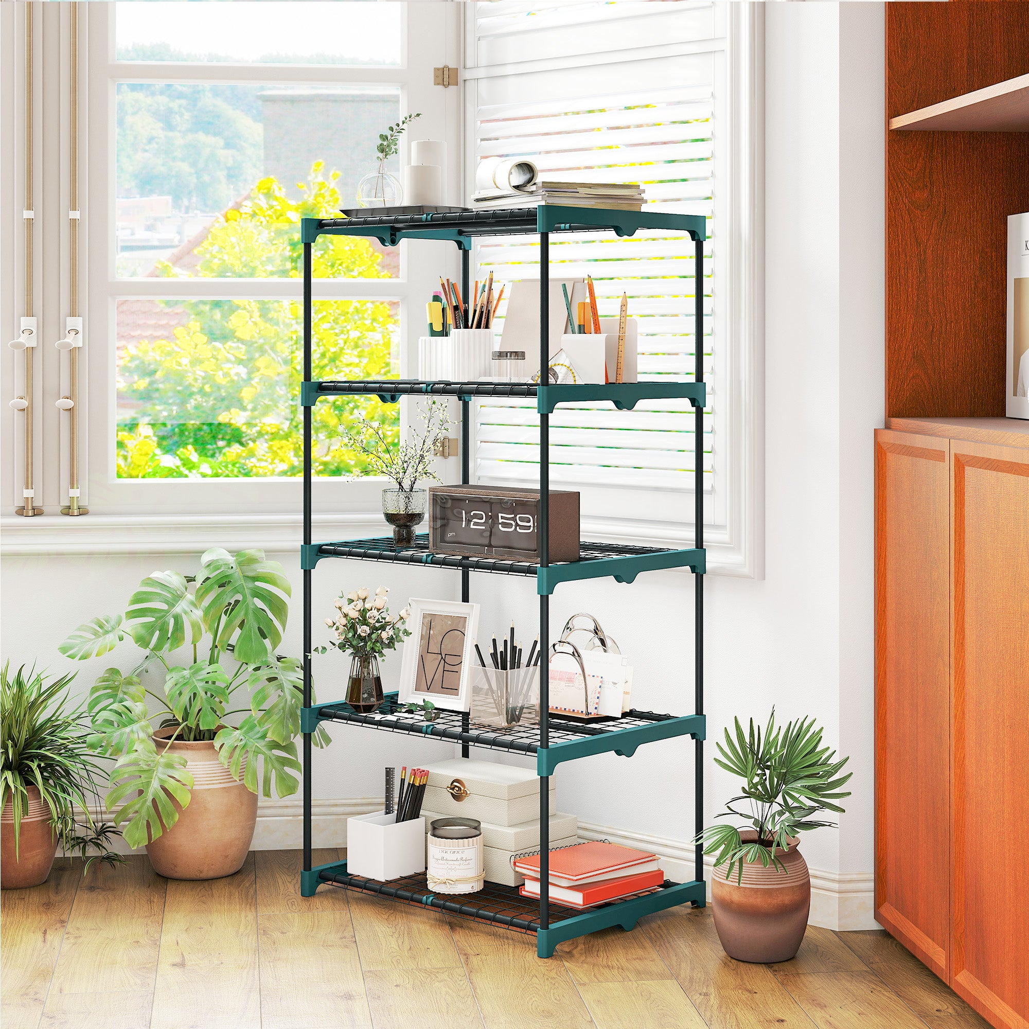 5-Tier Steel Plant Stand – Indoor/Outdoor, Dark Green, 26.4×19.3×54.3 in