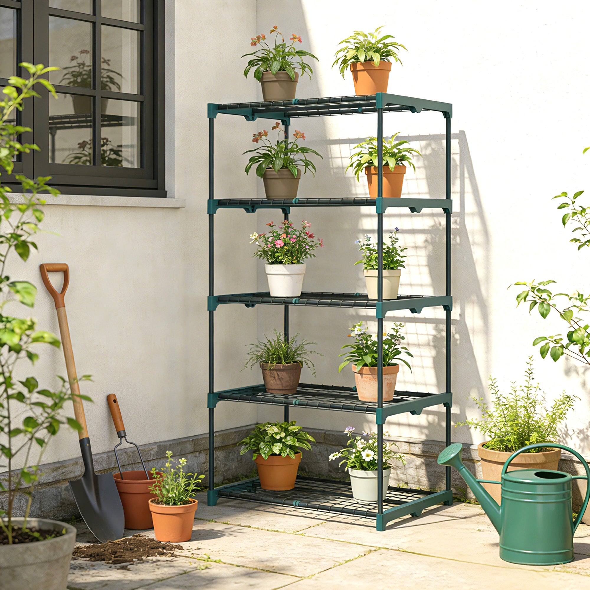 5-Tier Steel Plant Stand – Indoor/Outdoor, Dark Green, 26.4×19.3×54.3 in
