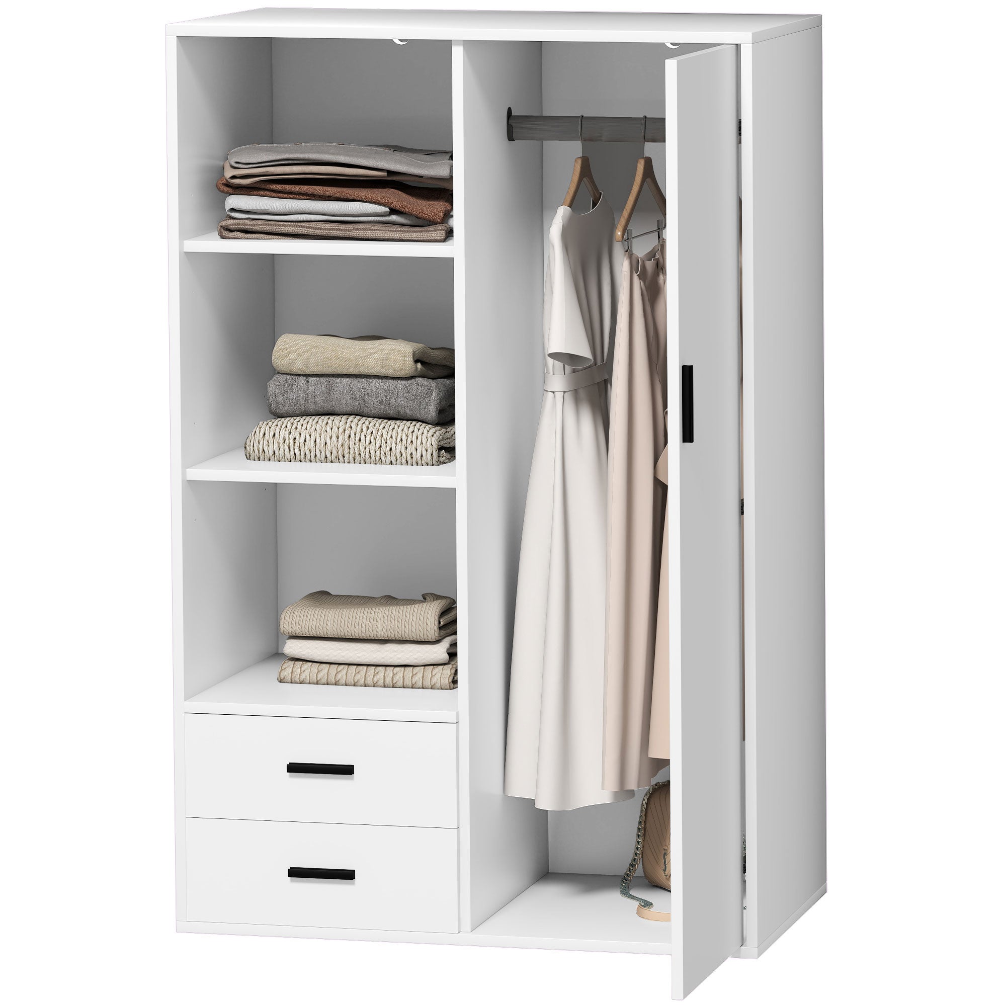 Modern Wardrobe with 2 Drawers, Adjustable Open Shelves, Hanging Rail Compartment, Wardrobe for Bedroom and Entryway, 80x50x124 cm, White