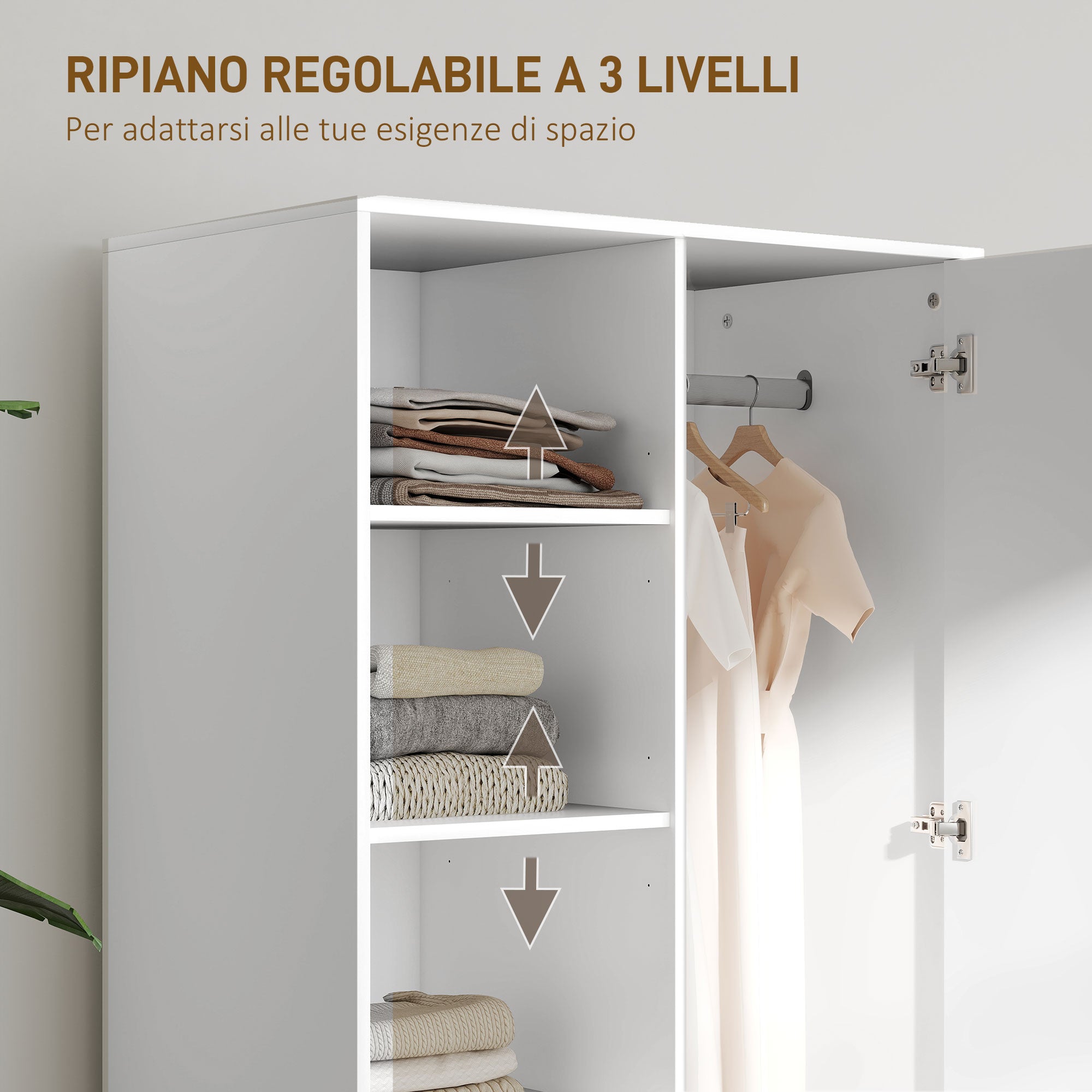 Modern Wardrobe with 2 Drawers, Adjustable Open Shelves, Hanging Rail Compartment, Wardrobe for Bedroom and Entryway, 80x50x124 cm, White