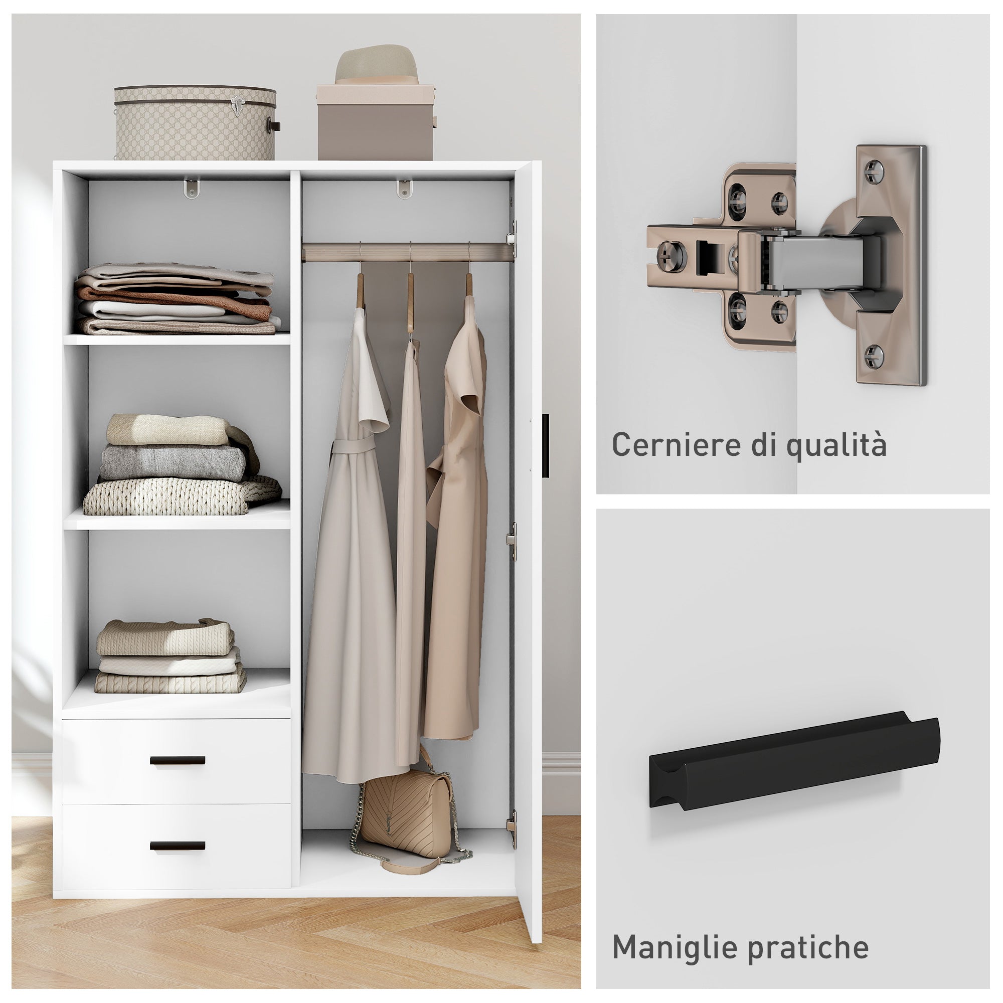 Modern Wardrobe with 2 Drawers, Adjustable Open Shelves, Hanging Rail Compartment, Wardrobe for Bedroom and Entryway, 80x50x124 cm, White
