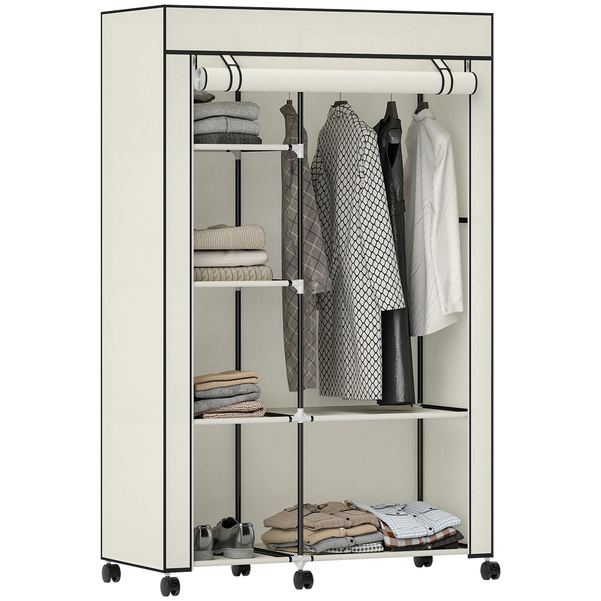 Fabric Wardrobe Organizer with Hanging Rail & Open Shelves, 40.6 x 16.9 x 64.0 in (103 x 43 x 162.5 cm) — Cream