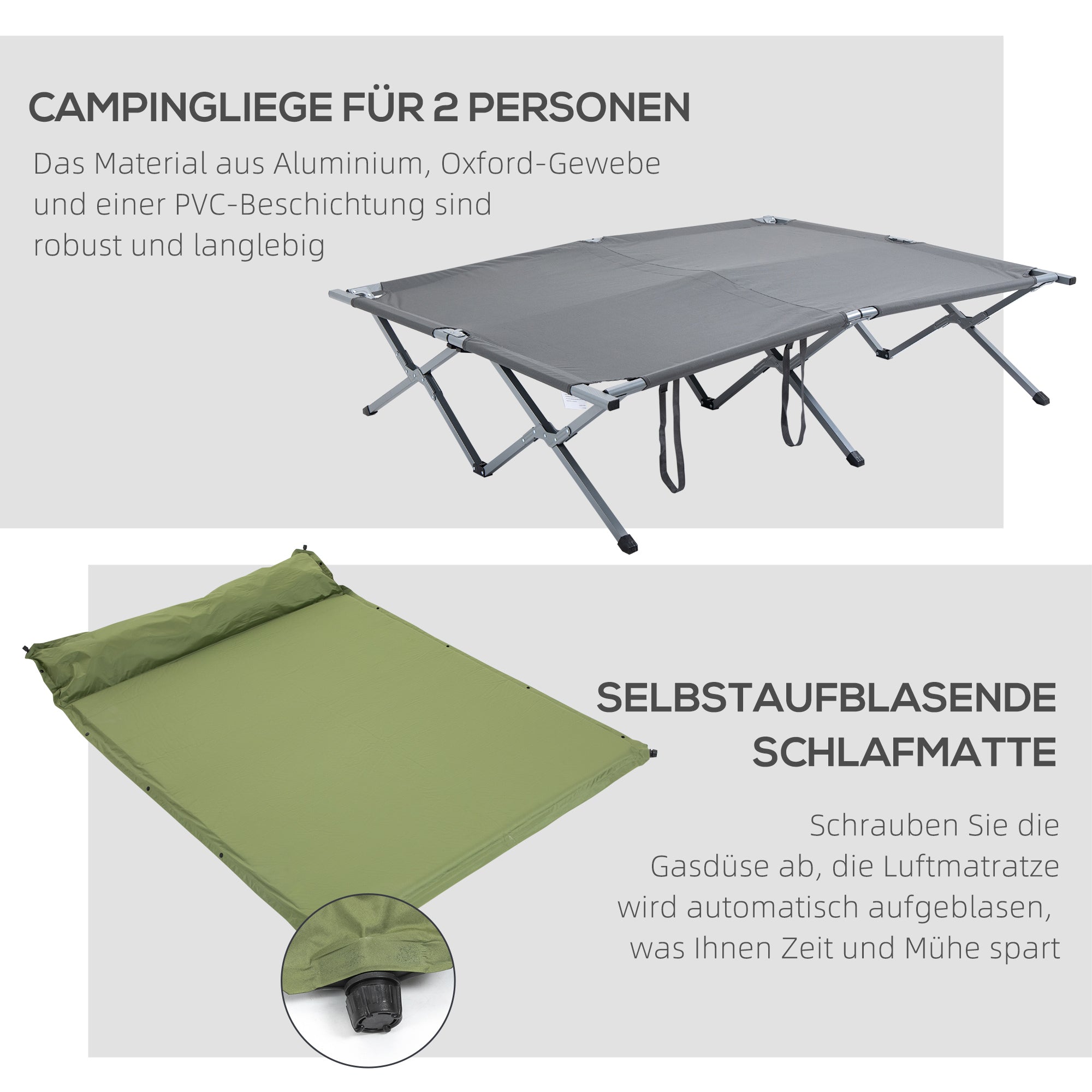 Camping Bed with Elevated Tent Double Cot with Air Mattress incl. Carry Bag Gray 200 x 146 x 159 cm