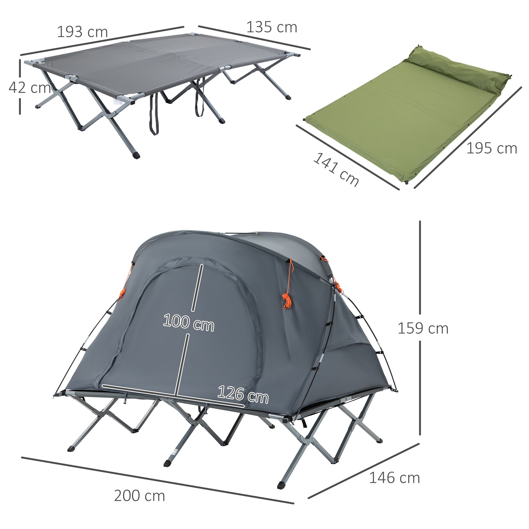 Camping Bed with Elevated Tent Double Cot with Air Mattress incl. Carry Bag Gray 200 x 146 x 159 cm
