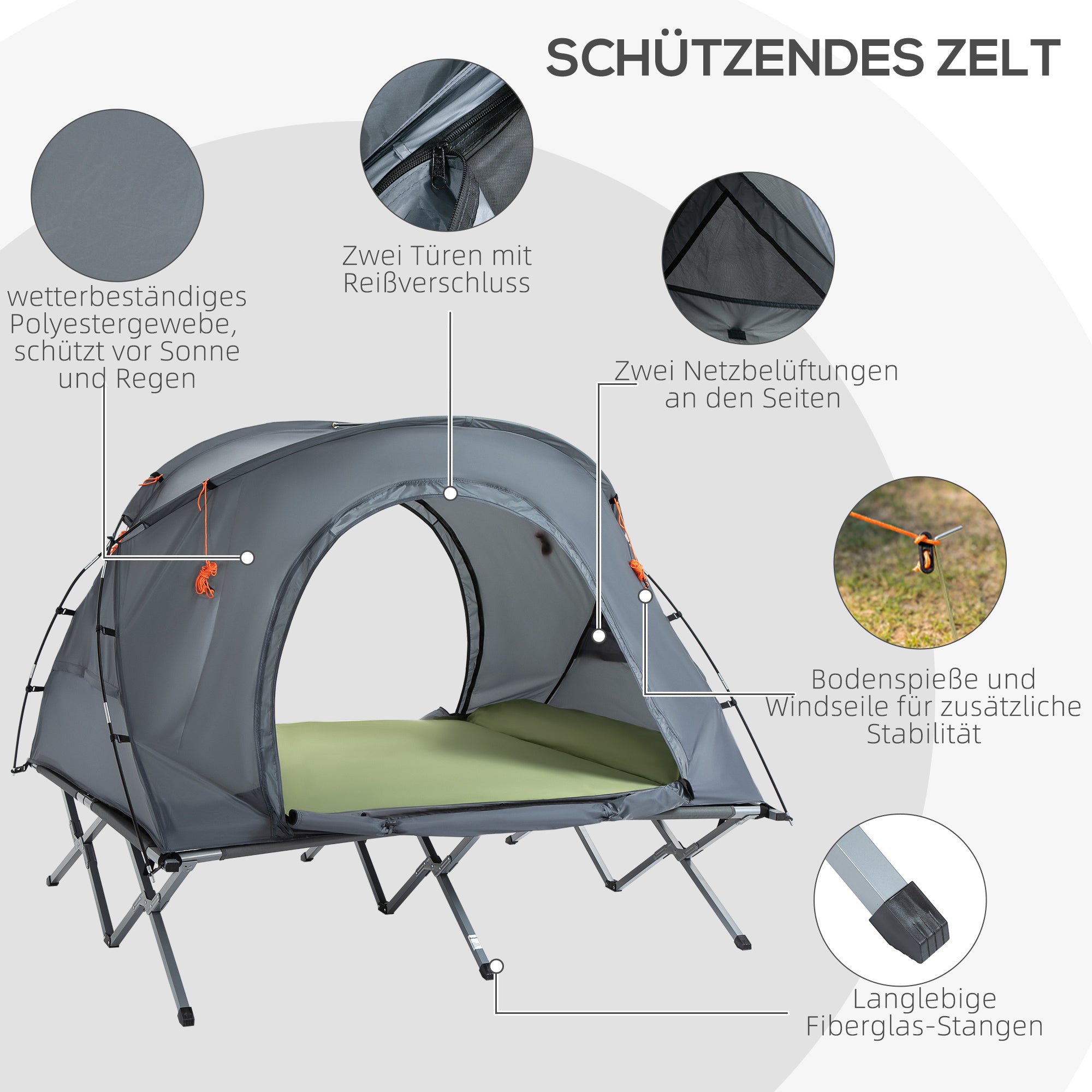 Camping Bed with Elevated Tent Double Cot with Air Mattress incl. Carry Bag Gray 200 x 146 x 159 cm