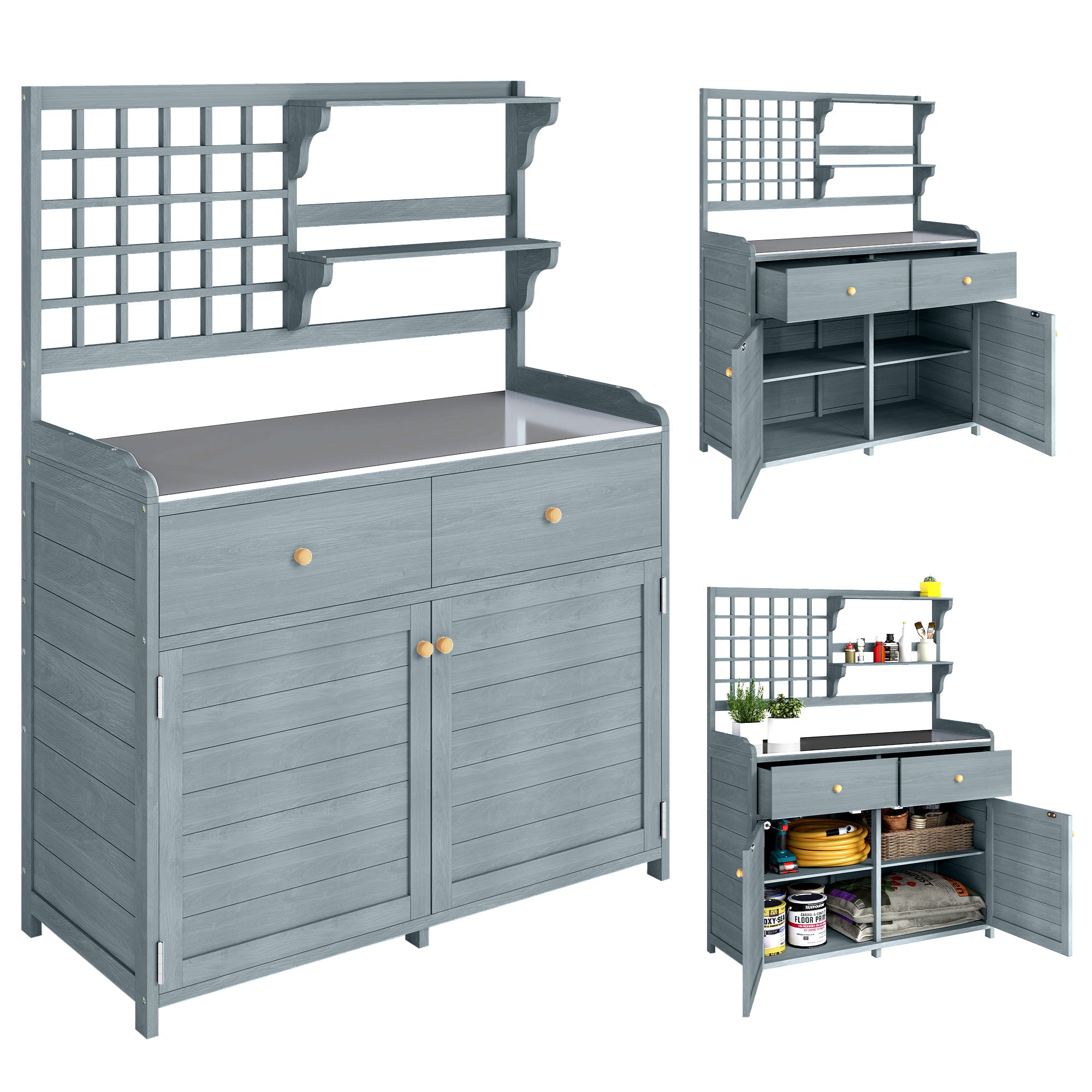 Light Gray Outdoor Potting Bench with Cabinet & Galvanized Worktop, 2 Drawers — 104 x 44 x 140 cm (41 x 17.3 x 55.1 in)