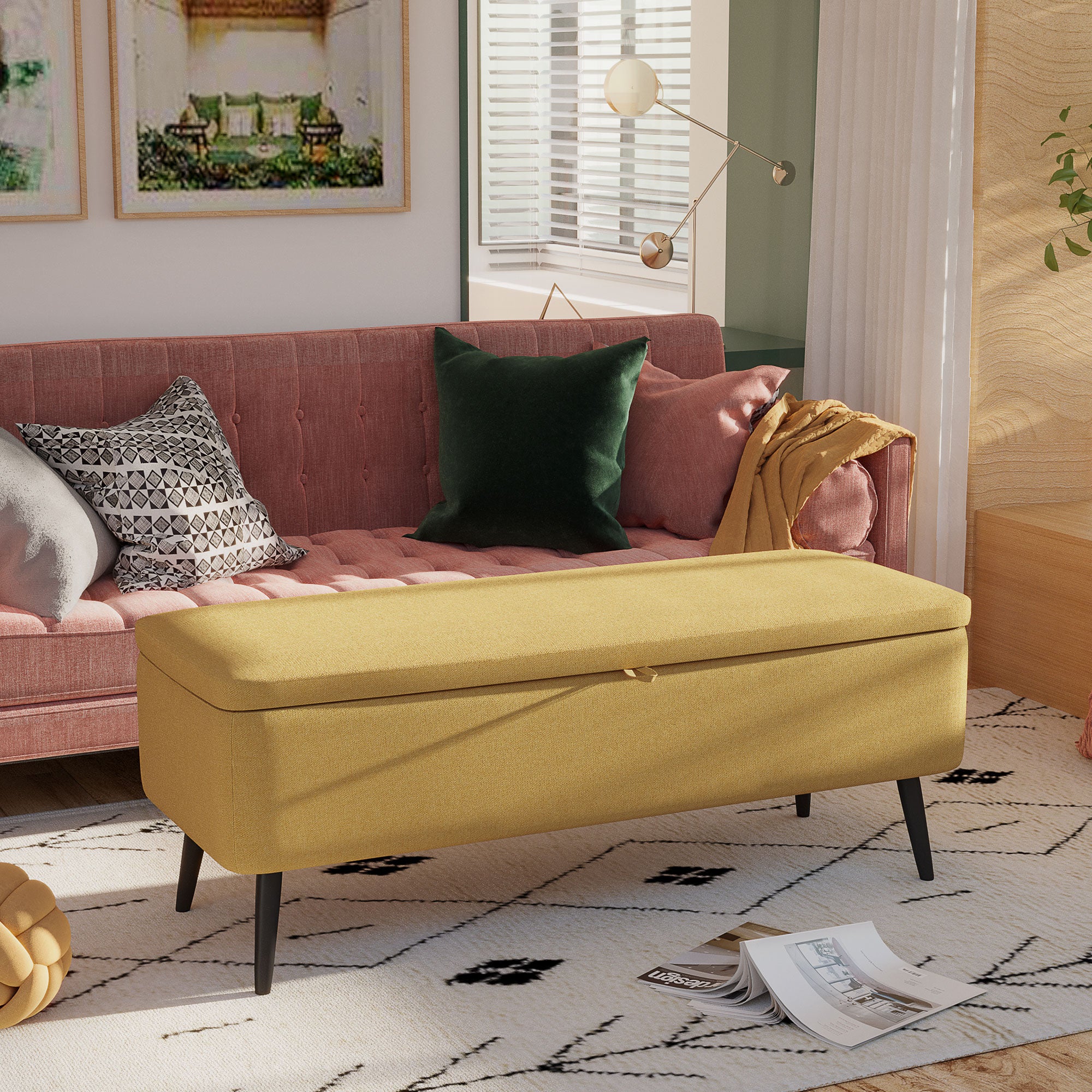Storage Bench, Upholstered Bench with Storage, Linen Look, Bed Bench with Steel Legs for Living Room, Hallway, Bedroom, up to 150 kg Capacity, 101 x 38.5 x 44.5 cm, Yellow