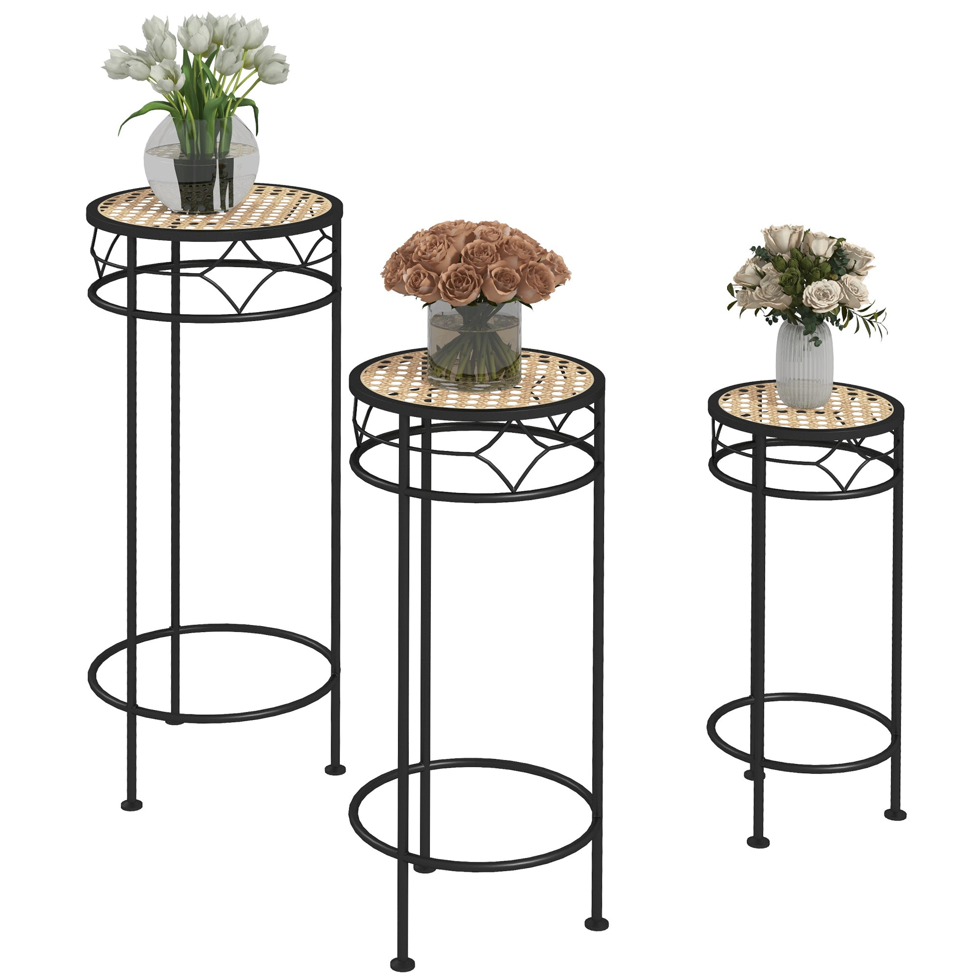 Set of 3 Flower Pot Stands Plant Supports Round Flower Shelf Stackable Plant Stands - Rattan-Look Trays - Gold and Black Metal