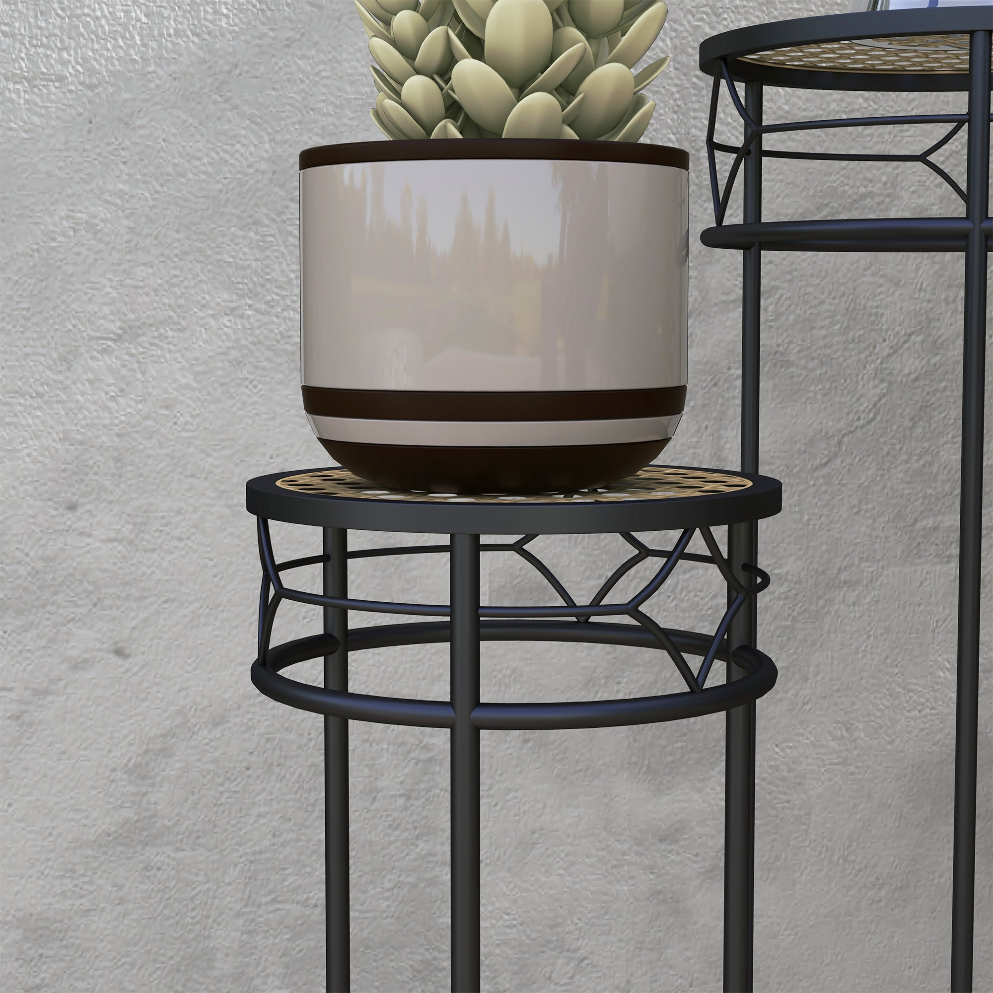 Set of 3 Flower Pot Stands Plant Supports Round Flower Shelf Stackable Plant Stands - Rattan-Look Trays - Gold and Black Metal