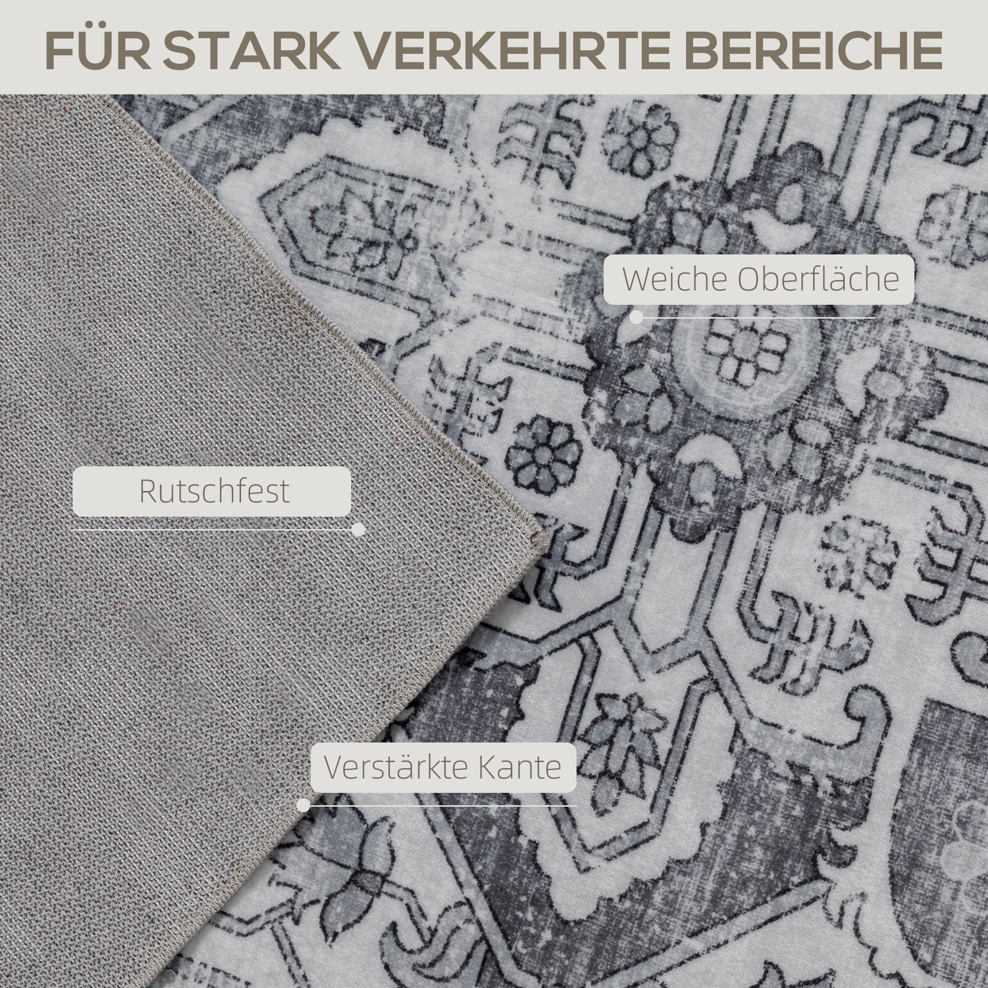 Machine-Washable Anti-Slip Vintage Flannel Short-Pile Area Rug for Living Room, Kitchen, Patio & Balcony, 90.6 x 63 in, Gray