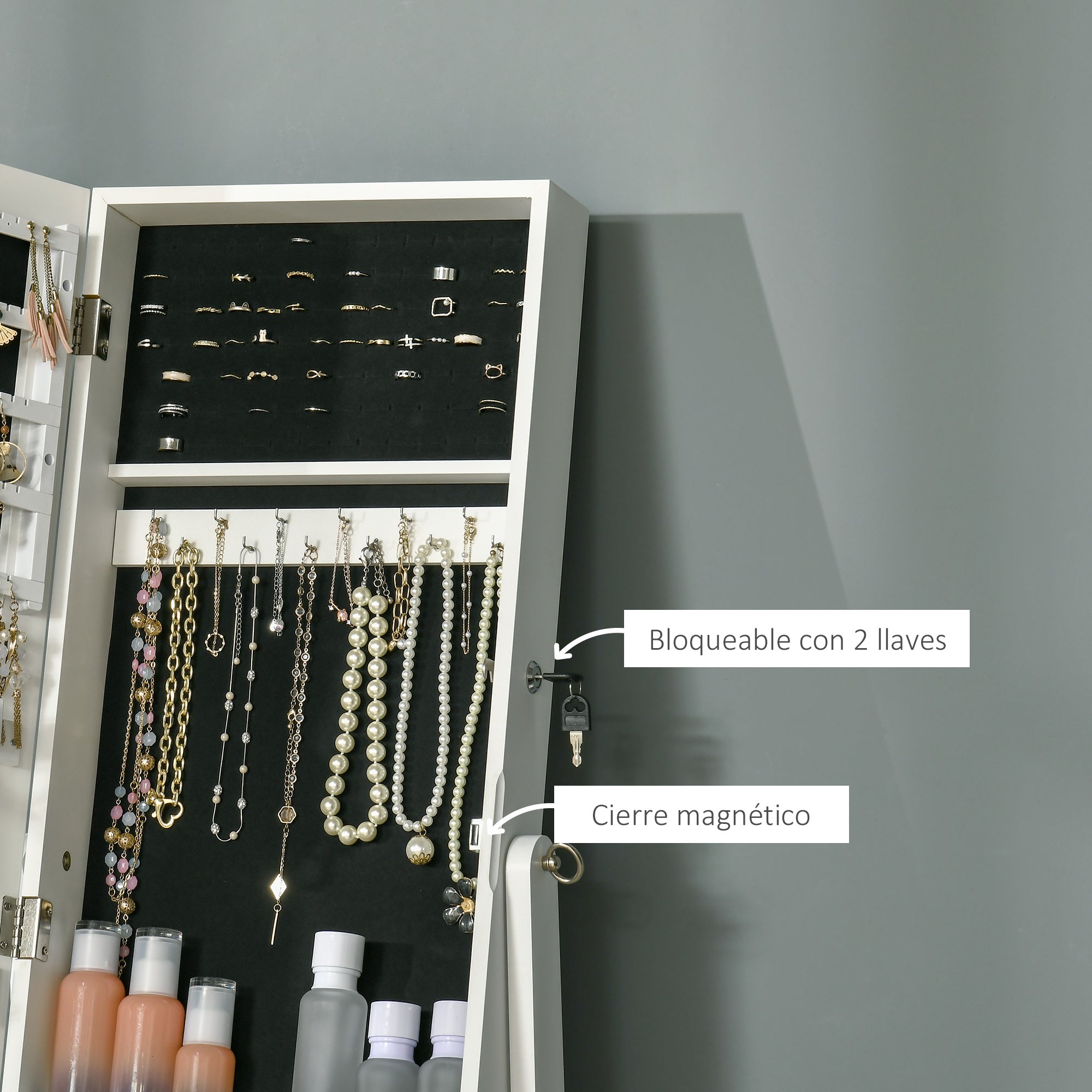 Standing Jewelry Mirror Cabinet with 3 Adjustable Angles Magnetic Lock Jewelry Organizer with Shelves Earring Slots Ring Hooks Necklaces 46x36.5x151.5 cm White