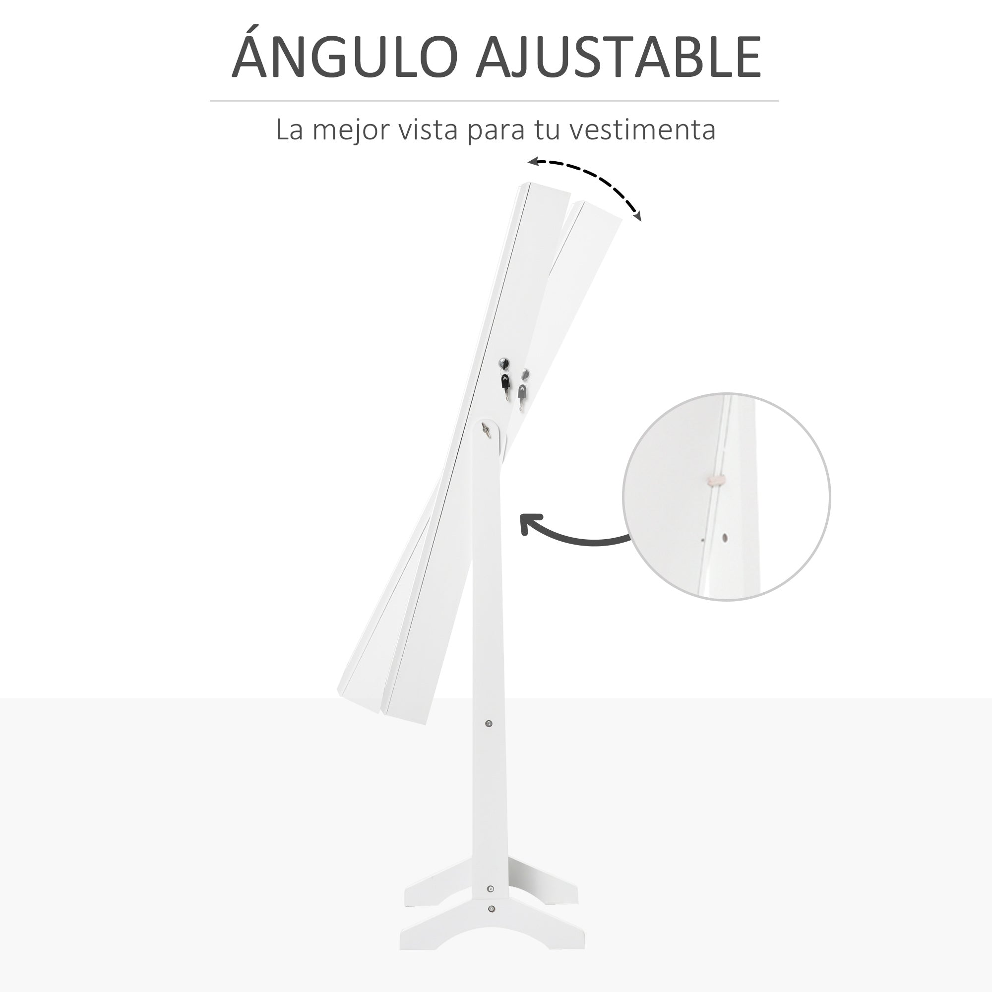 Standing Jewelry Mirror Cabinet with 3 Adjustable Angles Magnetic Lock Jewelry Organizer with Shelves Earring Slots Ring Hooks Necklaces 46x36.5x151.5 cm White