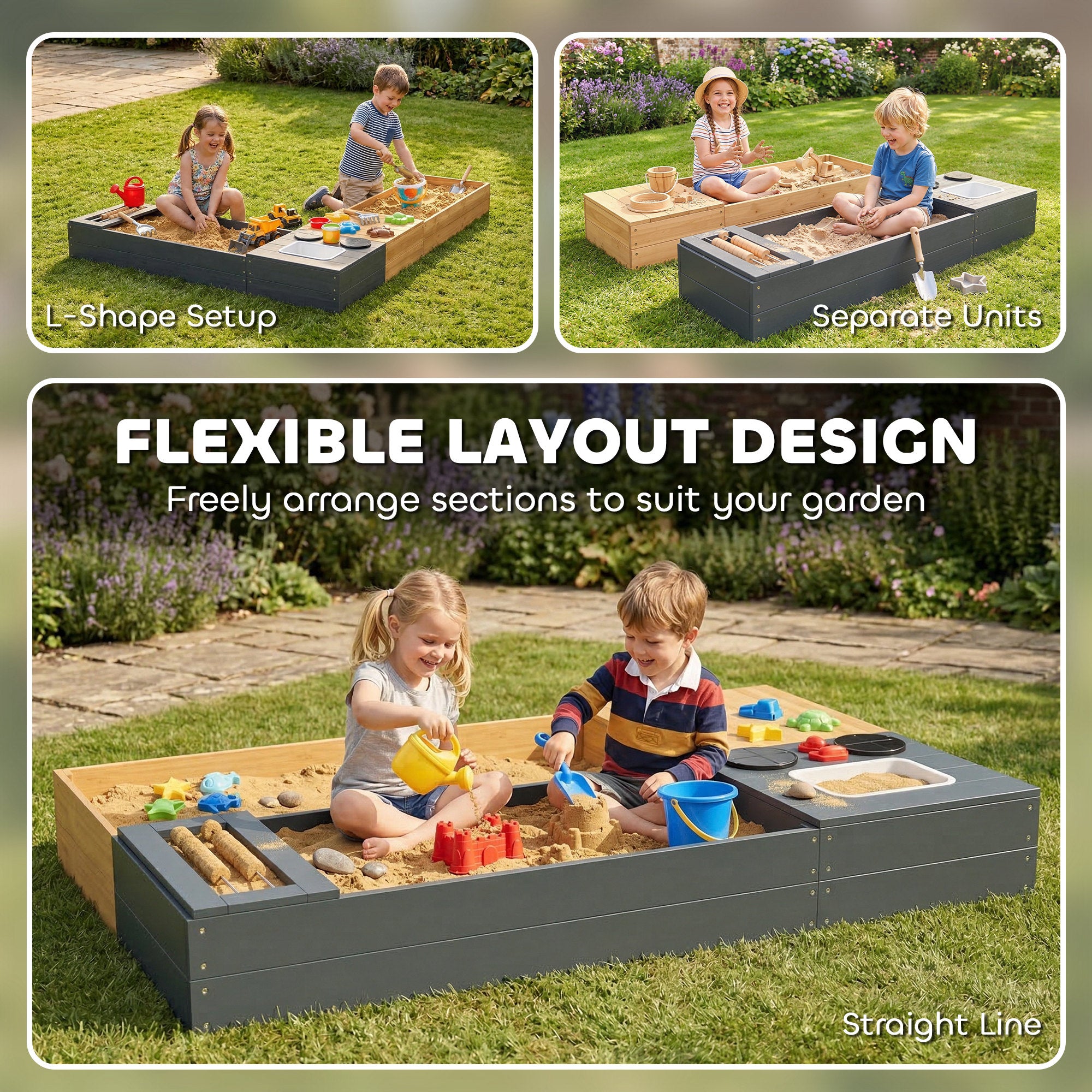 2-Piece Wooden Sandbox 59.1 x 35.4 in with Bench, Storage, Play Stove & Removable Sink, Abacus Beads – Ages 3–8, Yellow