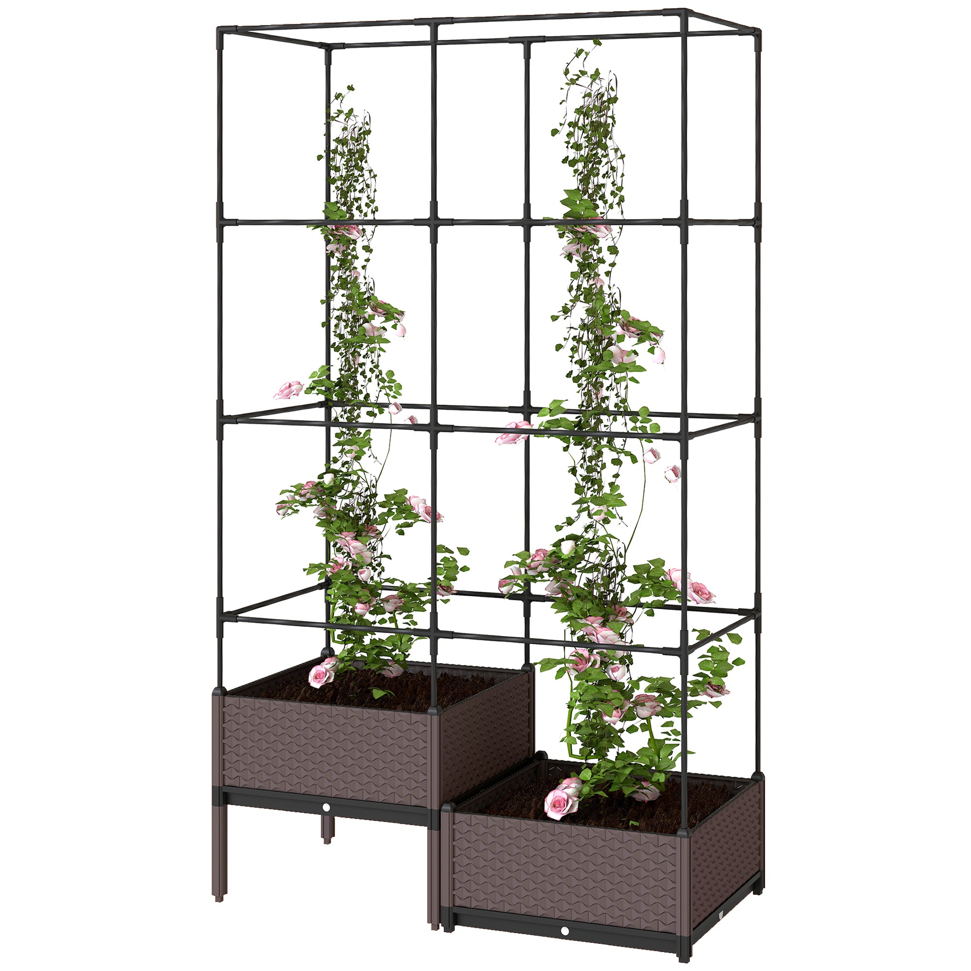 Metal Trellis Planter — Large Outdoor Raised Planter for Climbing Plants, 2 PP Planter Boxes with Drainage & Plugs, Elevated Patio Garden Bed, 39.4 x 19.7 x 68.5 in, Black