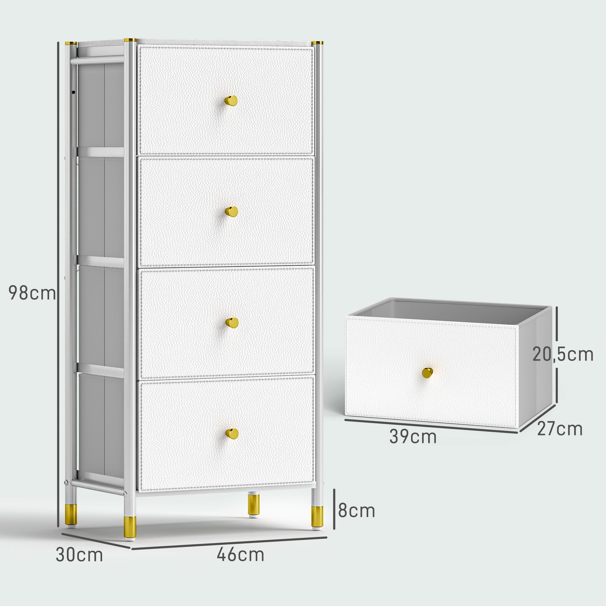 Fabric Chest of Drawers with 4 Foldable Drawers with PU Fronts and Steel Frame for Bedroom Living Room White