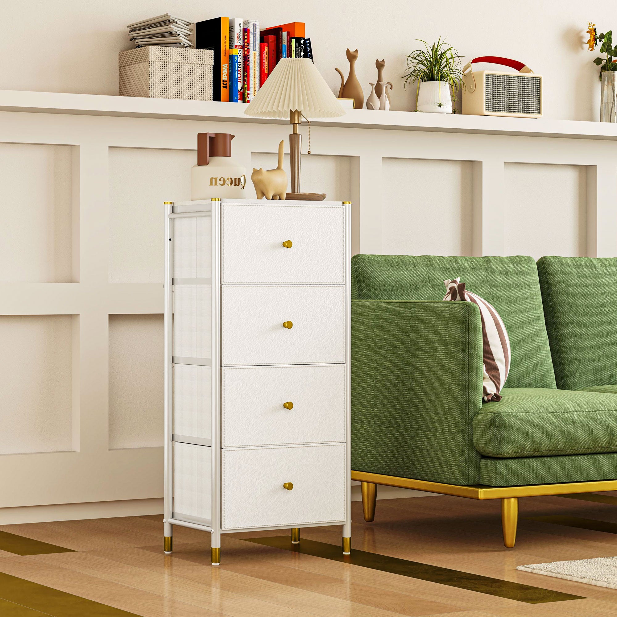 Fabric Chest of Drawers with 4 Foldable Drawers with PU Fronts and Steel Frame for Bedroom Living Room White