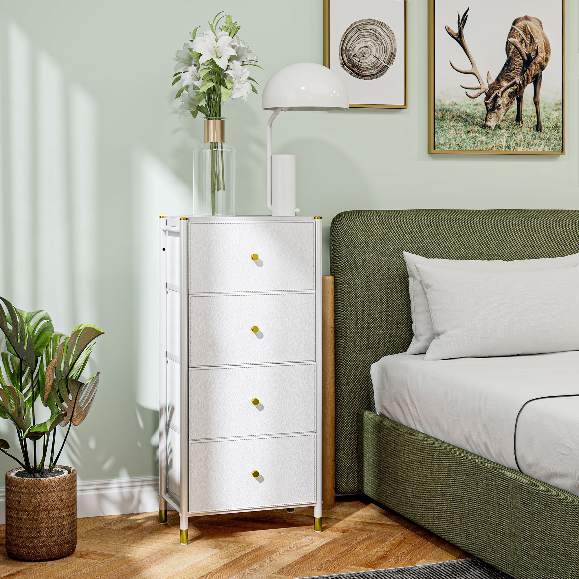 Fabric Chest of Drawers with 4 Foldable Drawers with PU Fronts and Steel Frame for Bedroom Living Room White
