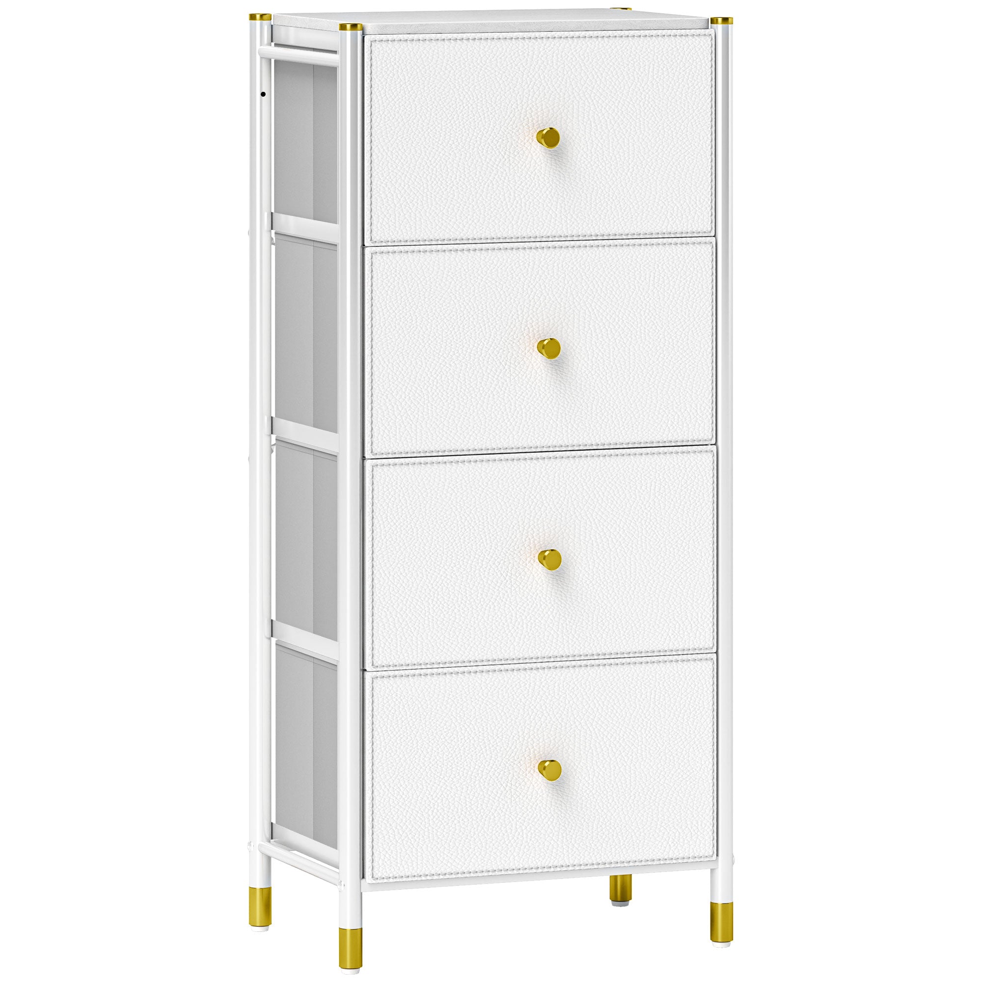 Fabric Chest of Drawers with 4 Foldable Drawers with PU Fronts and Steel Frame for Bedroom Living Room White