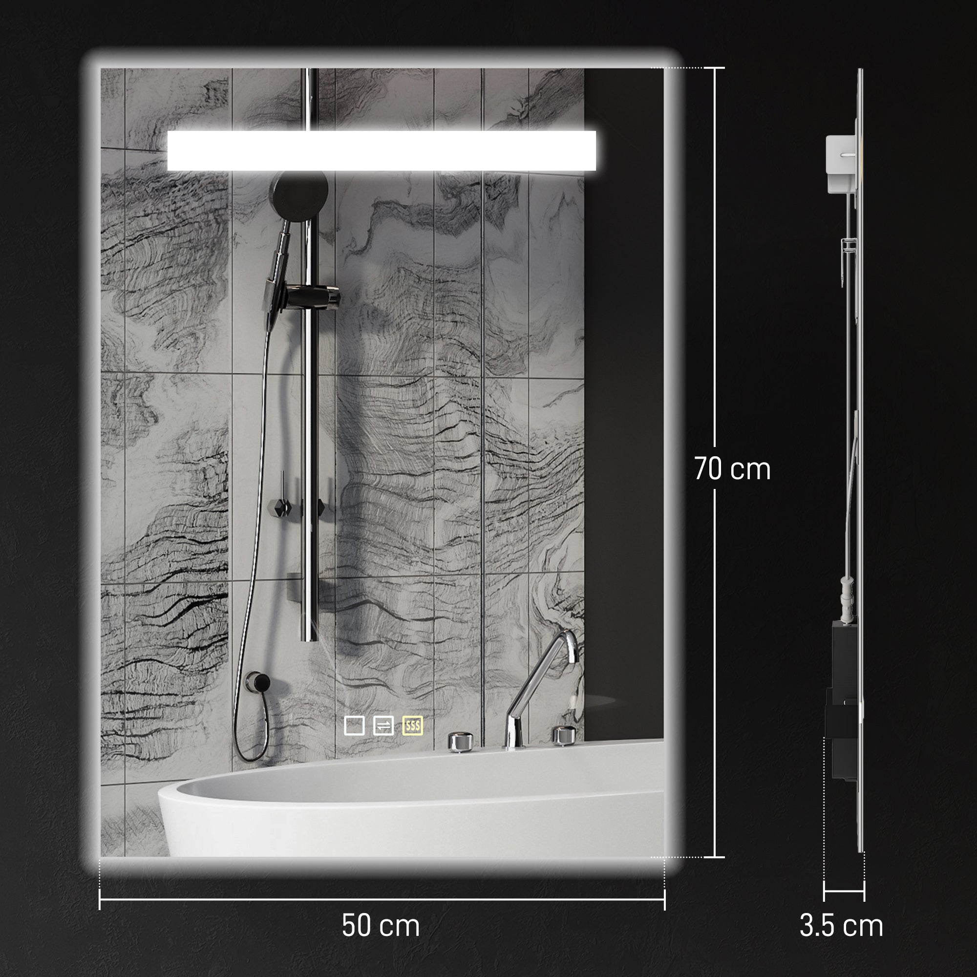 Bathroom Mirror with LED Light 70x50 cm Wall Mirror with 3 Light Colors Anti-fog Function Memory Function Touch Switch IP44